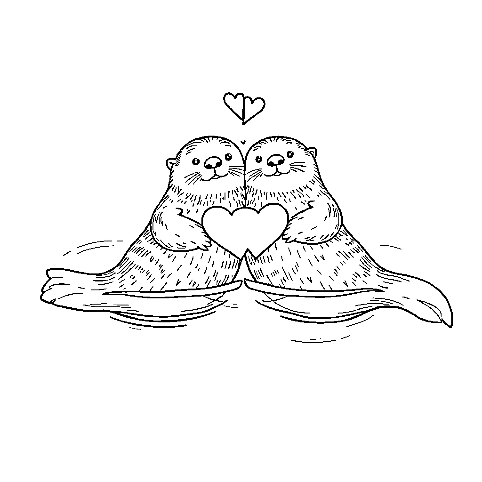 Otter lovebirds holding a heart Coloring Page (free black-and-white line drawing printable PDF for all, from beginners to advanced learners, including children, teens, adults, and seniors)