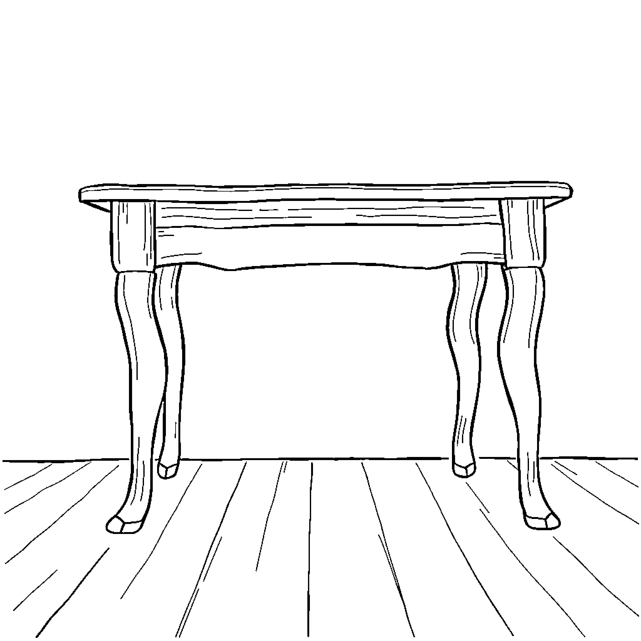 Table with Ornate Legs on Wooden Floor Coloring Page (free black-and-white line drawing printable PDF for all, from beginners to advanced learners, including children, teens, adults, and seniors)