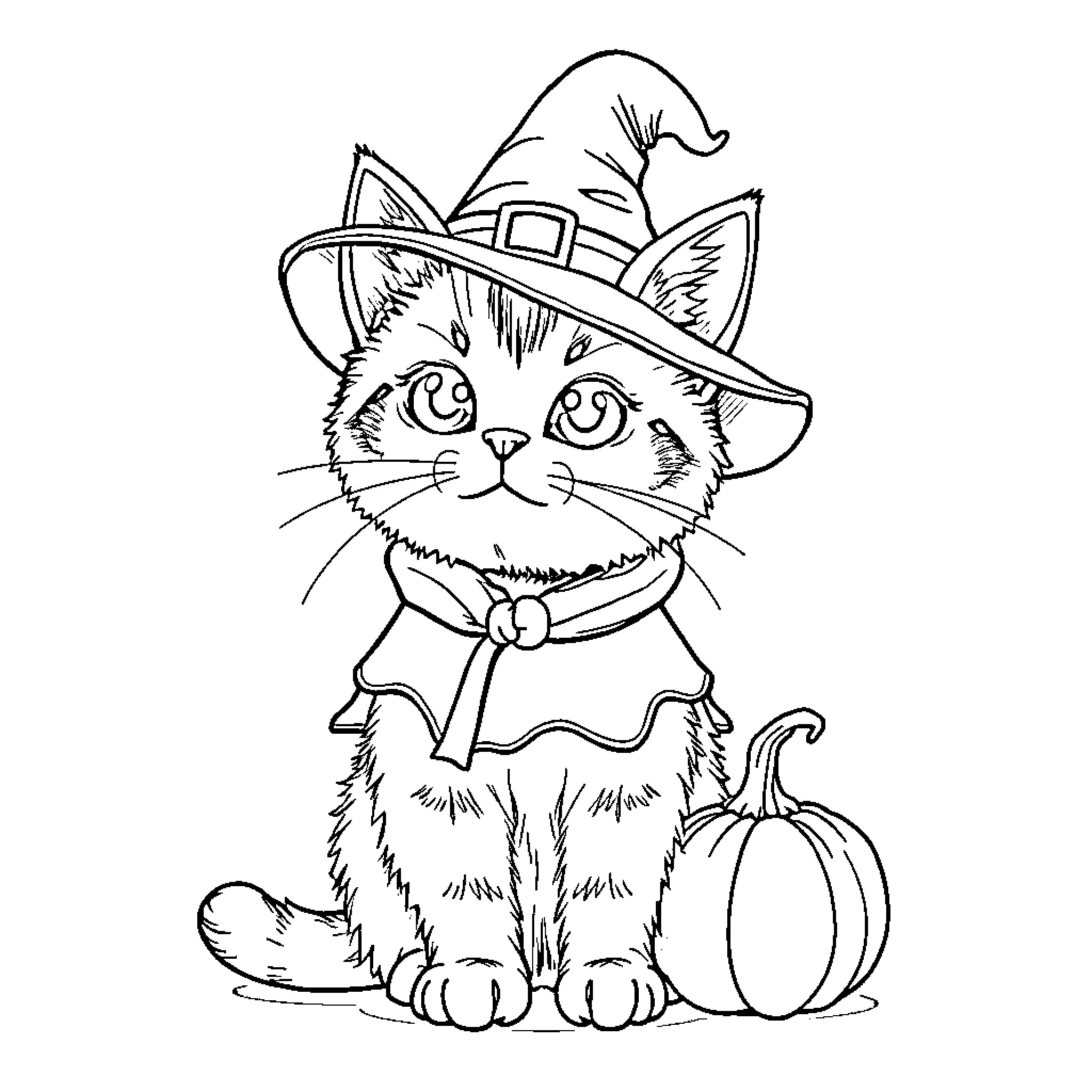 Cat wearing a witch hat with a pumpkin Coloring Page (free black-and-white line drawing printable PDF for all, from beginners to advanced learners, including children, teens, adults, and seniors)