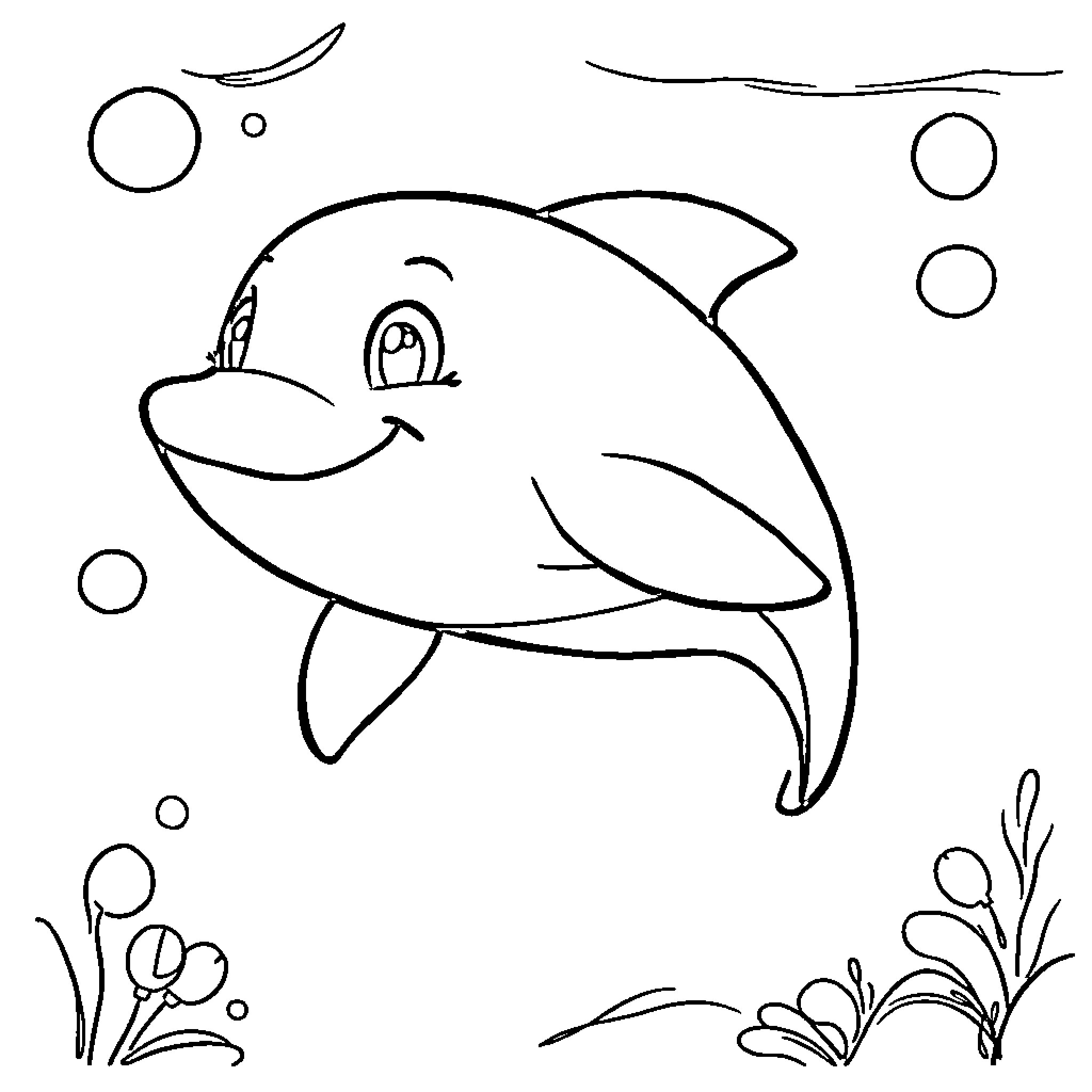 Dolphin happily swimming in the ocean Coloring Page (free black-and-white line drawing printable PDF for all, from beginners to advanced learners, including children, teens, adults, and seniors)