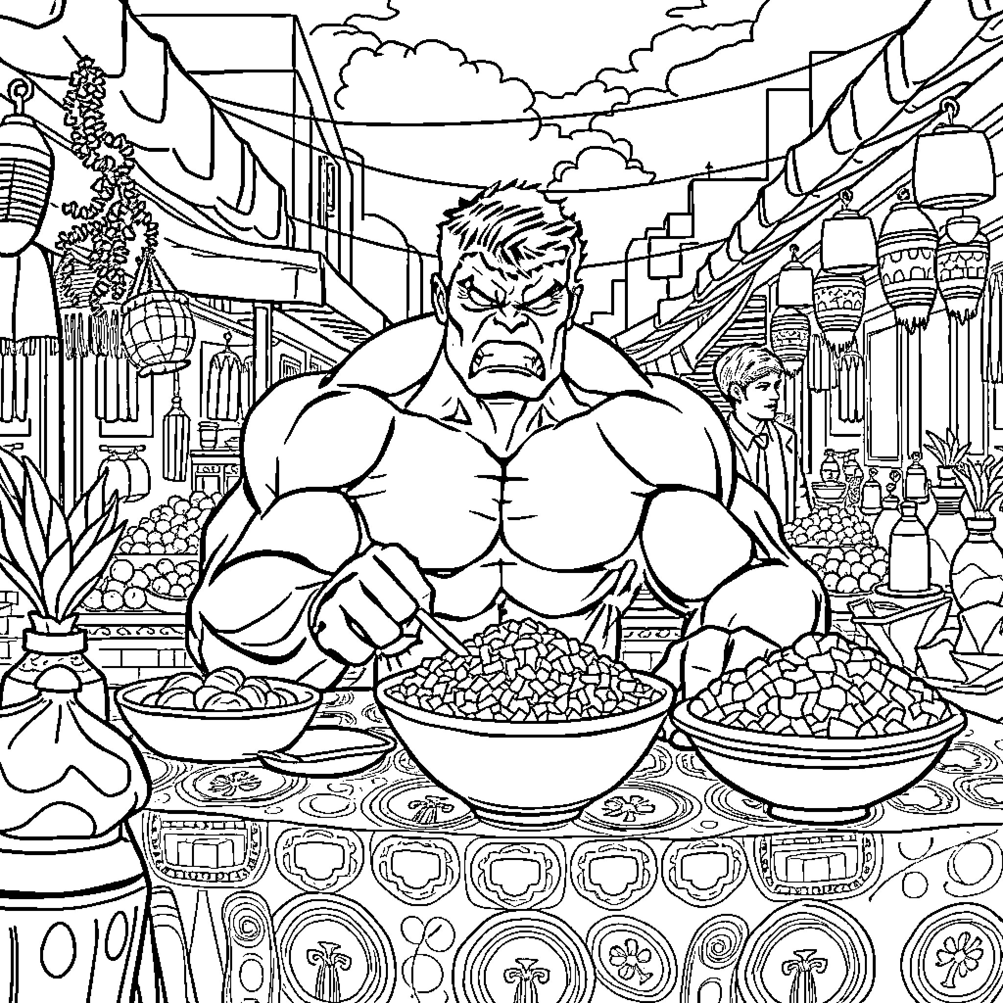 Hulk Enjoying a Hearty Meal in the Vibrant Marketplace Coloring Page (free black-and-white line drawing printable PDF for all, from beginners to advanced learners, including children, teens, adults, and seniors)
