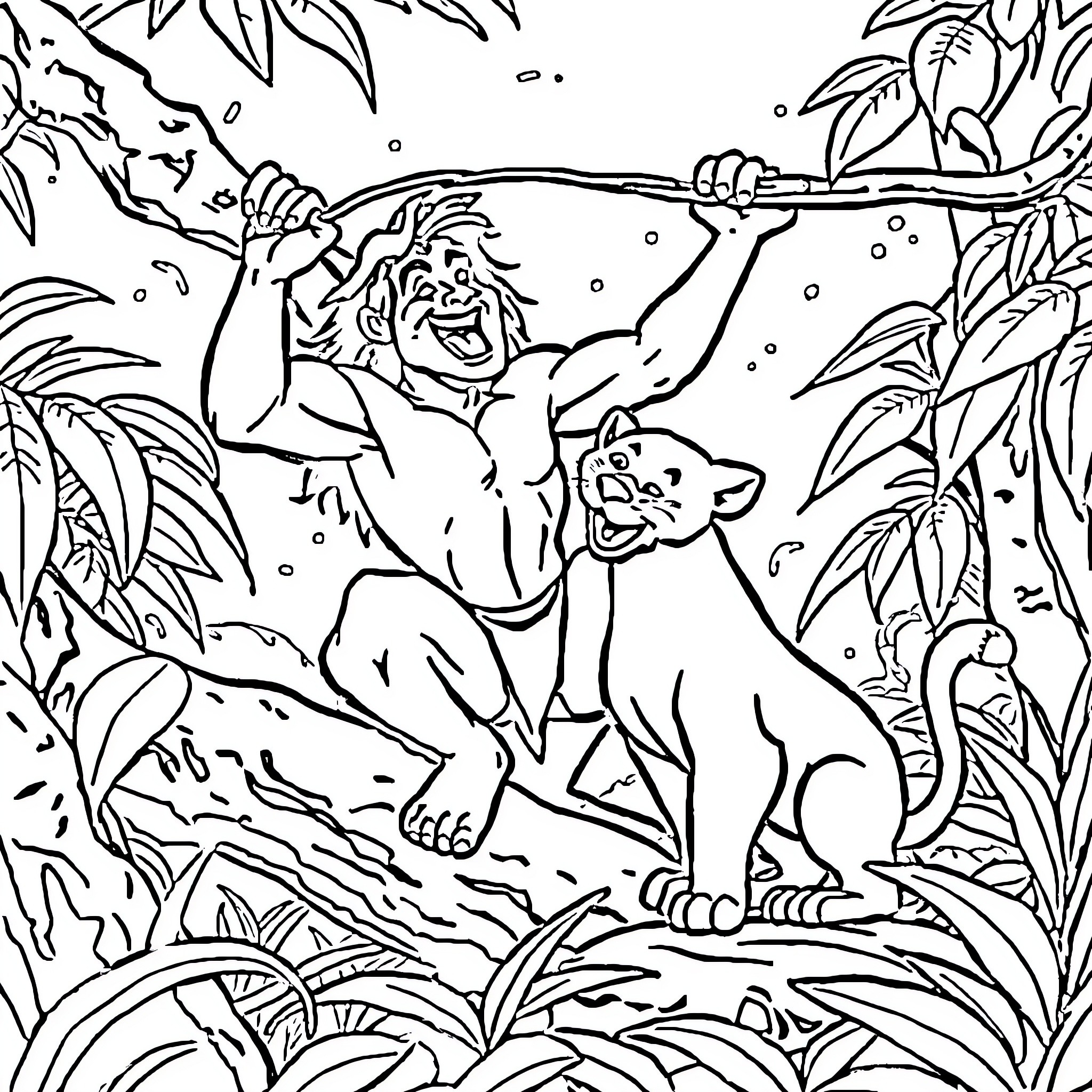 Tarzan swinging through the jungle with his animal companion Coloring Page (free black-and-white line drawing printable PDF for all, from beginners to advanced learners, including children, teens, adults, and seniors)