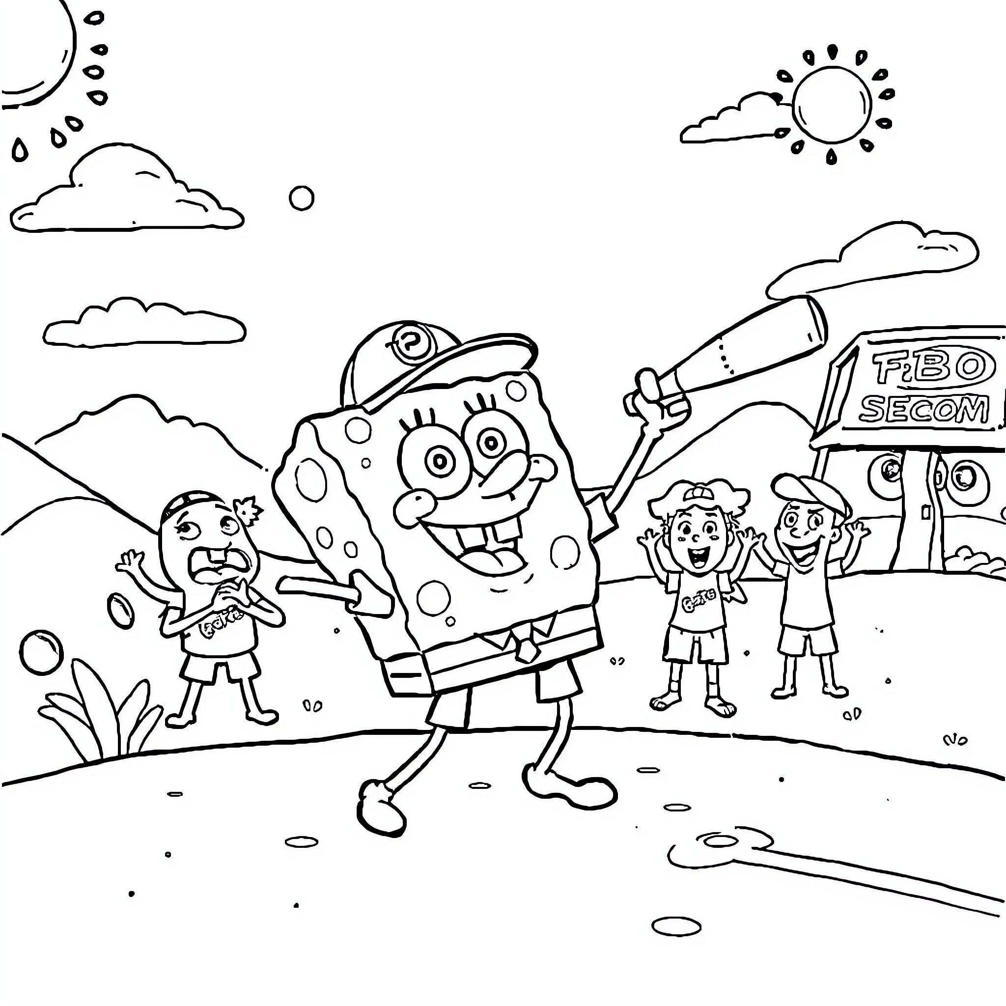 Spongebob and Friends in Colorful Adventure Coloring Page (free black-and-white line drawing printable PDF for all, from beginners to advanced learners, including children, teens, adults, and seniors)