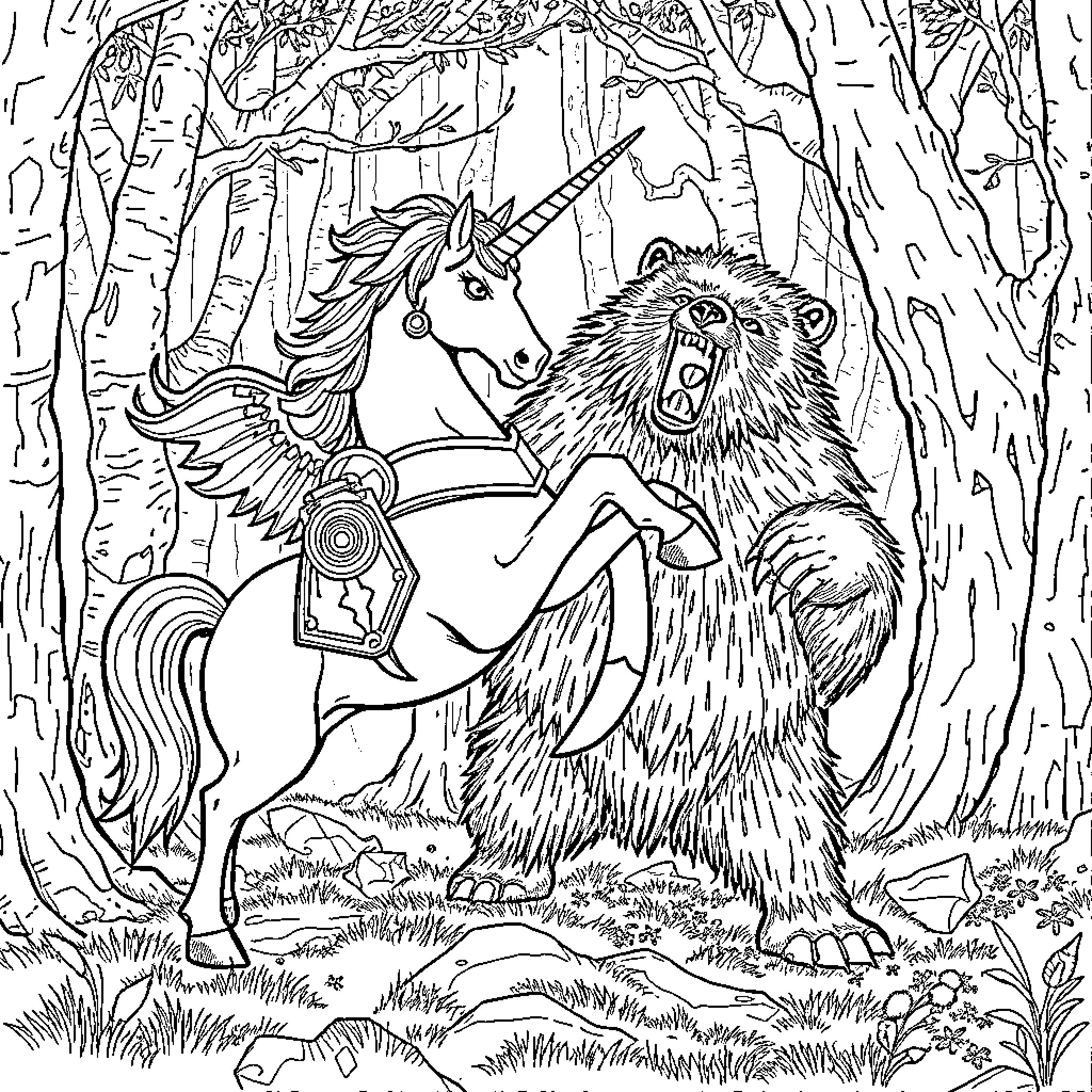 Unicorn riding with a fierce grizzly bear in the enchanted forest Coloring Page (free black-and-white line drawing printable PDF for all, from beginners to advanced learners, including children, teens, adults, and seniors)