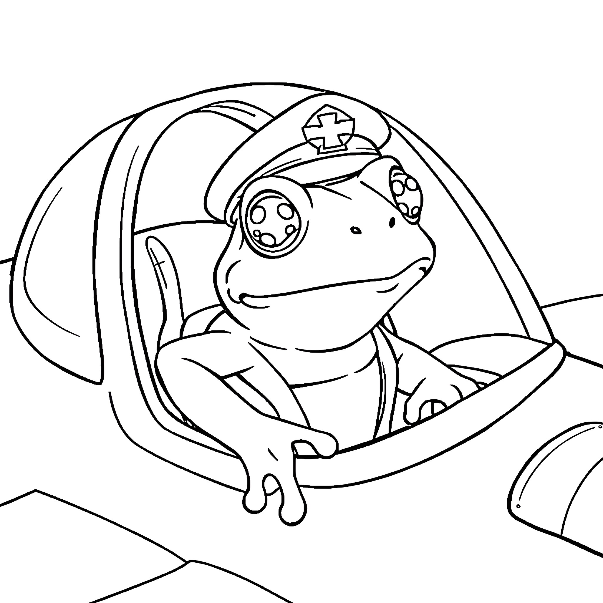 Frog dressed as a nurse in a medical examination Coloring Page (free black-and-white line drawing printable PDF for all, from beginners to advanced learners, including children, teens, adults, and seniors)