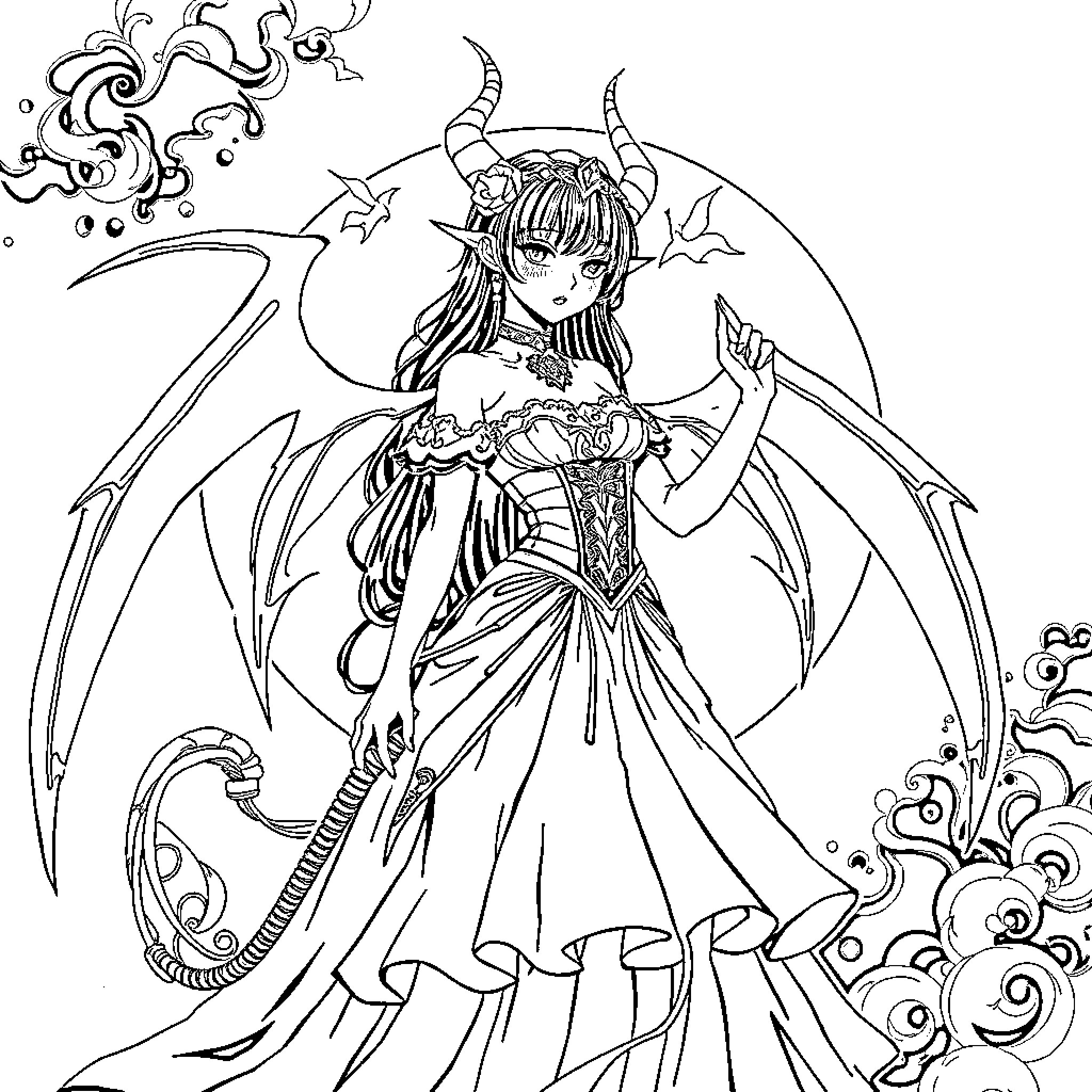 Rumi, the Angelic Fairy in Enchanted Attire Coloring Page (free black-and-white line drawing printable PDF for all, from beginners to advanced learners, including children, teens, adults, and seniors)