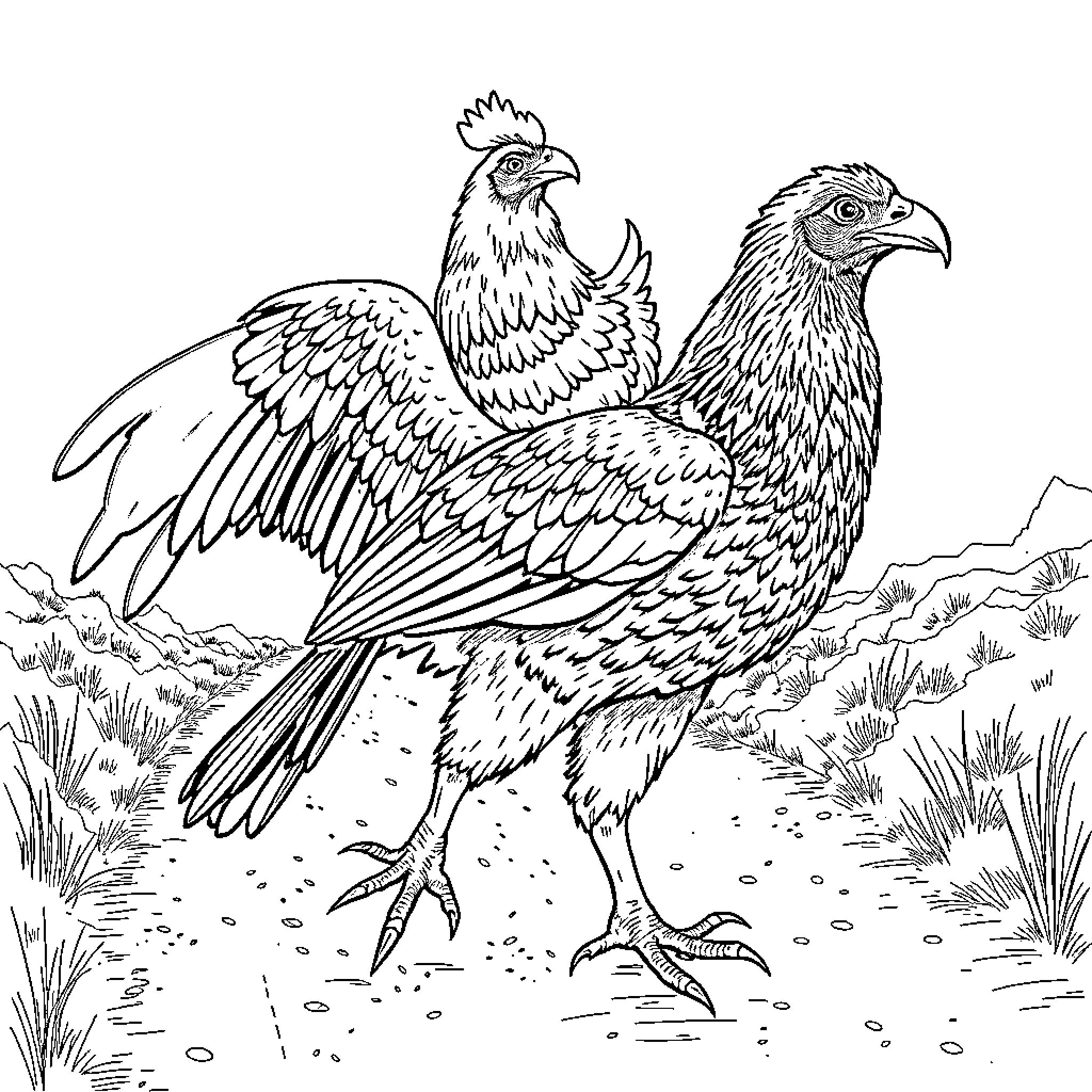 Chicken pair exploring the wilderness Coloring Page (free black-and-white line drawing printable PDF for all, from beginners to advanced learners, including children, teens, adults, and seniors)