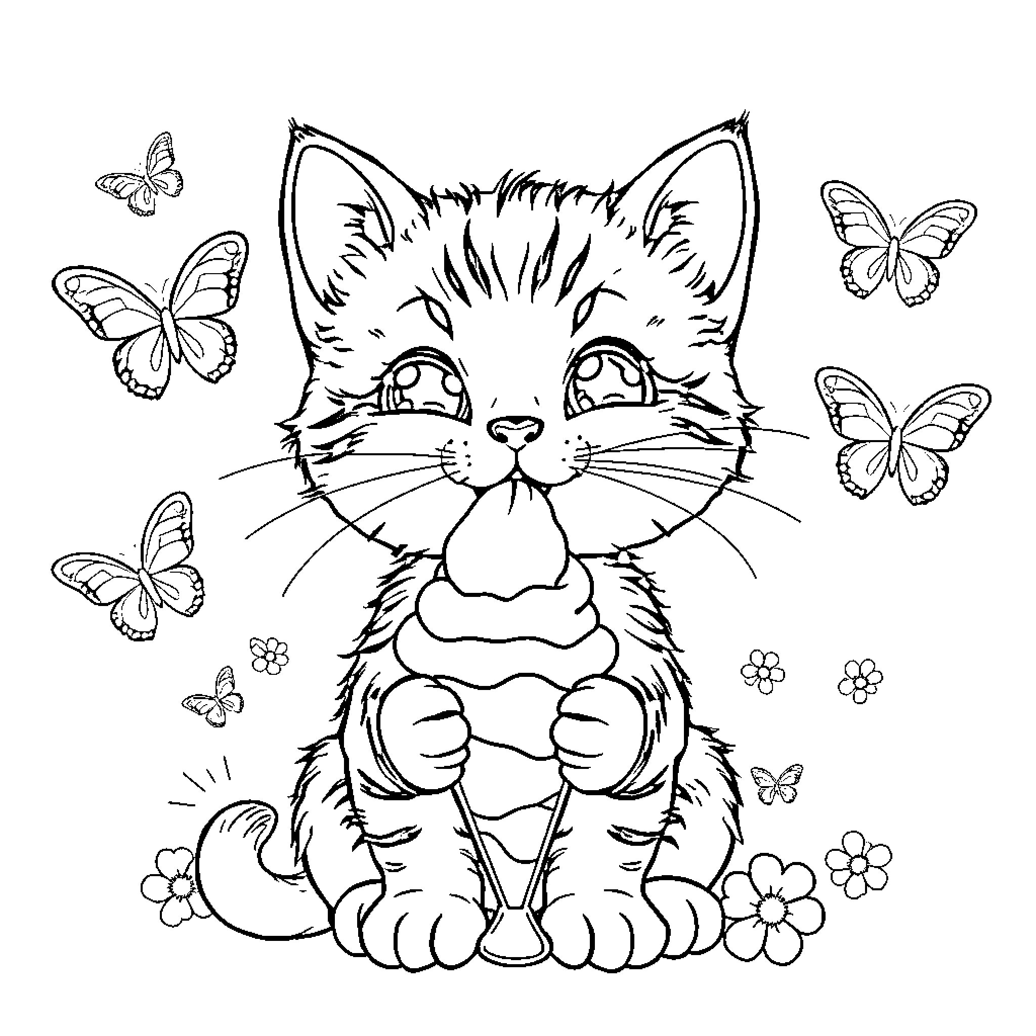 Kitty surrounded by playful butterflies Coloring Page (free black-and-white line drawing printable PDF for all, from beginners to advanced learners, including children, teens, adults, and seniors)