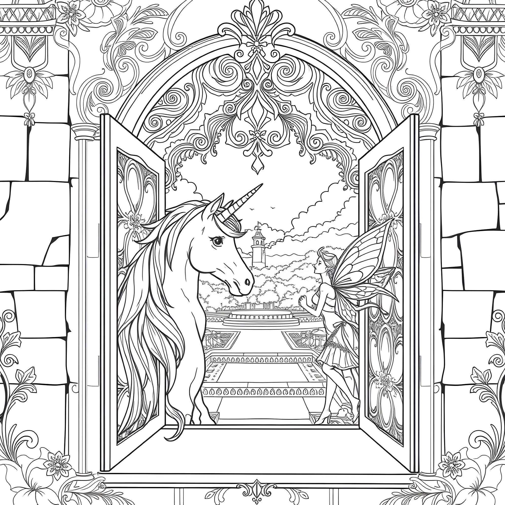 Unicorn in a Magical Stained Glass Window Coloring Page (free black-and-white line drawing printable PDF for all, from beginners to advanced learners, including children, teens, adults, and seniors)
