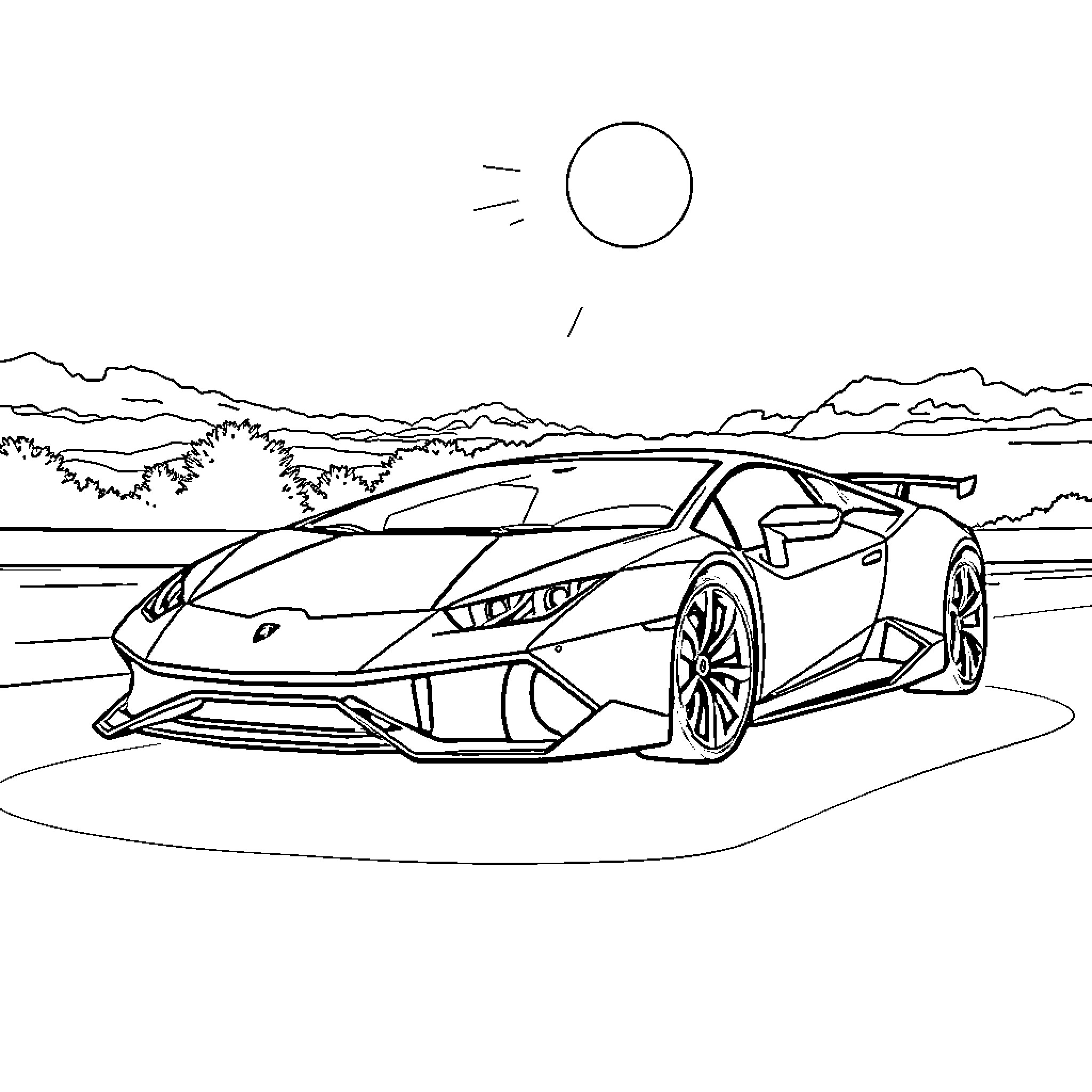 Lamborghini sports car on open road Coloring Page (free black-and-white line drawing printable PDF for all, from beginners to advanced learners, including children, teens, adults, and seniors)