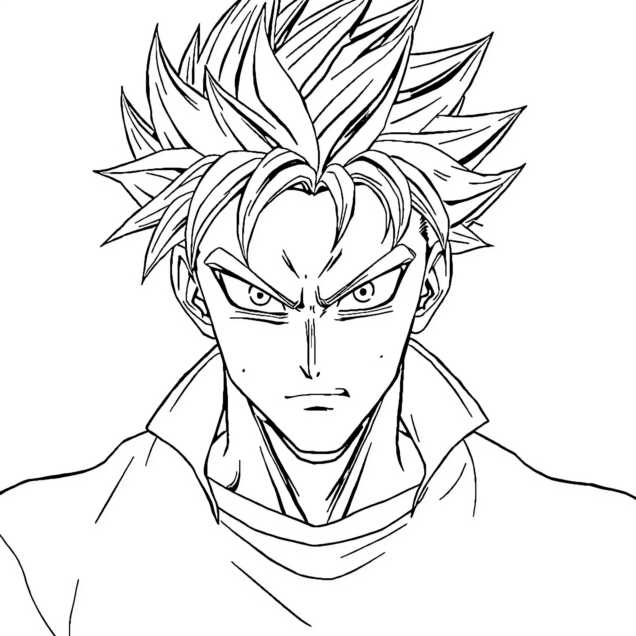 Anime Character with intense expression and spiky hair Coloring Page (free black-and-white line drawing printable PDF for all, from beginners to advanced learners, including children, teens, adults, and seniors)