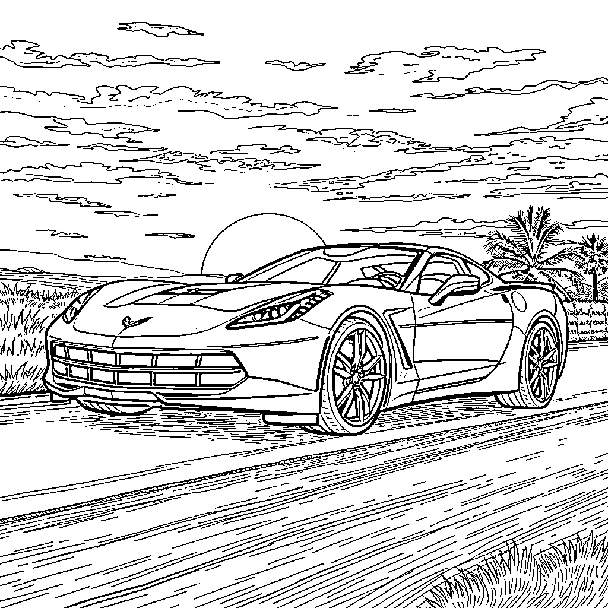 Corvette speeding along a scenic road Coloring Page (free black-and-white line drawing printable PDF for all, from beginners to advanced learners, including children, teens, adults, and seniors)