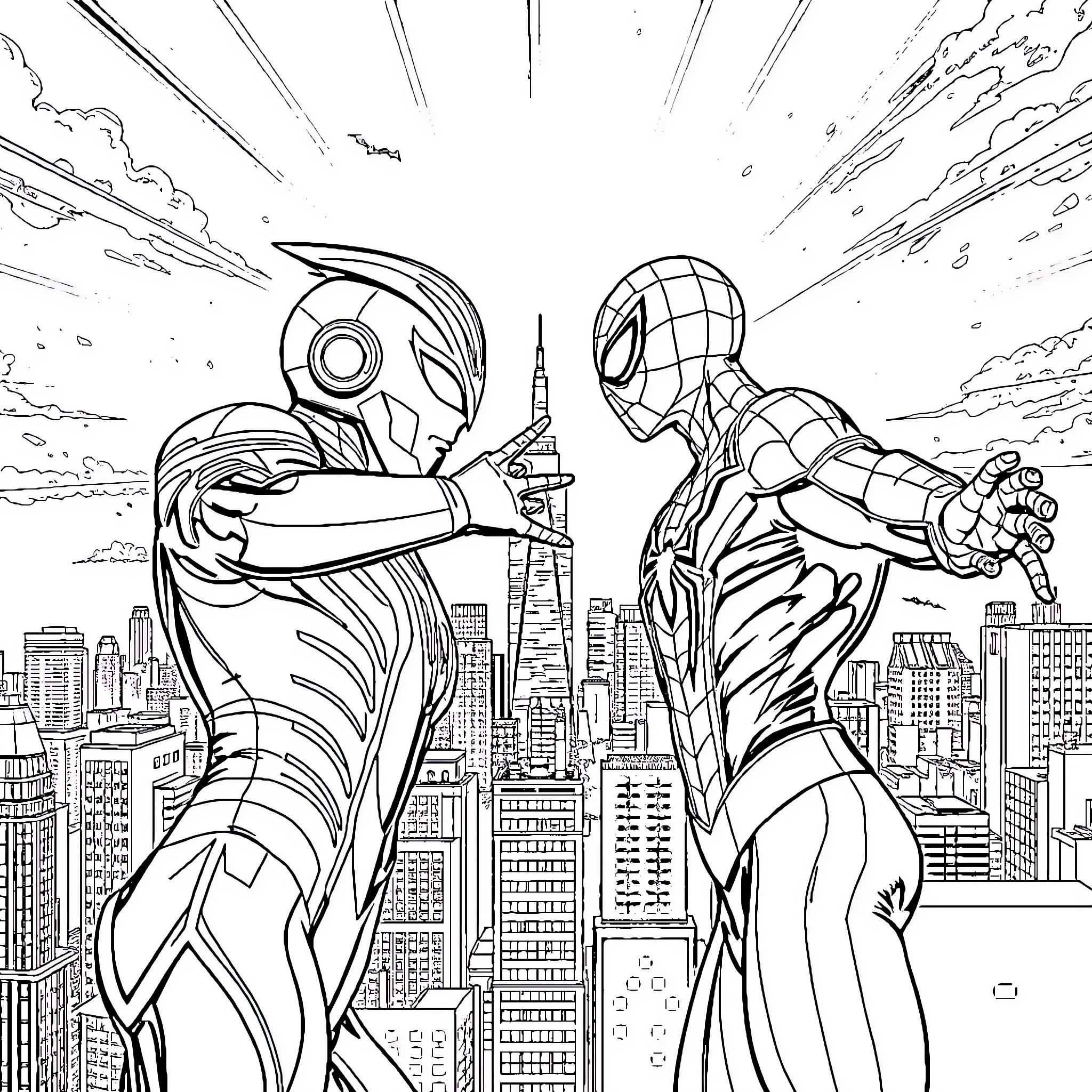 Ultraman and Spider-Man hero clash in the city Coloring Page (free black-and-white line drawing printable PDF for all, from beginners to advanced learners, including children, teens, adults, and seniors)