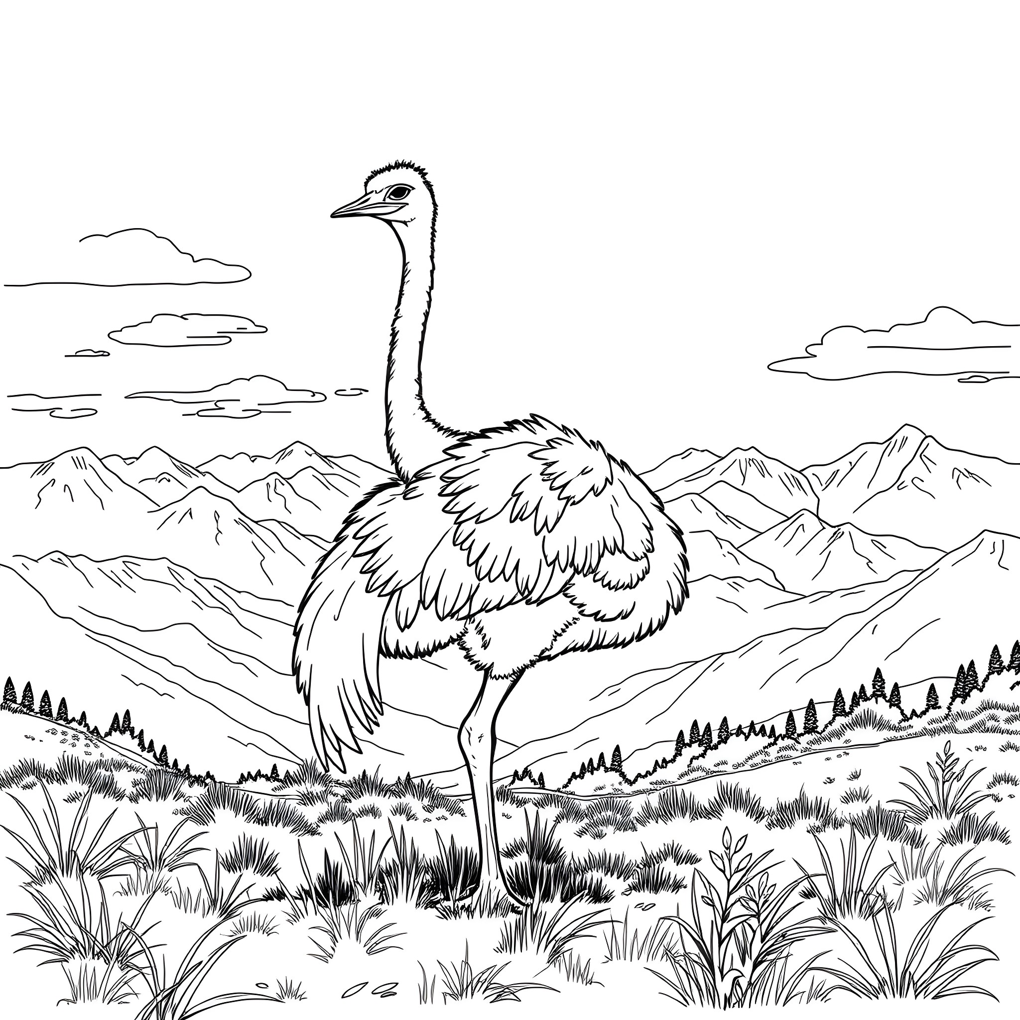 Ostrich in a scenic mountain landscape Coloring Page (free black-and-white line drawing printable PDF for all, from beginners to advanced learners, including children, teens, adults, and seniors)
