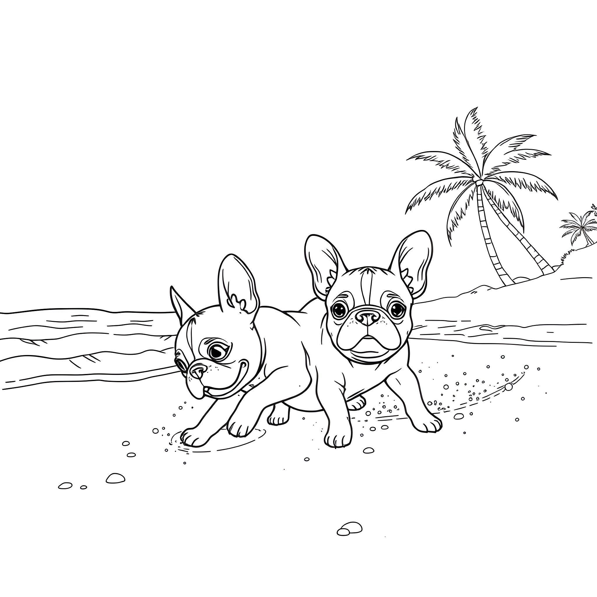 Frenchie Pups Playing on the Beach Coloring Page (free black-and-white line drawing printable PDF for all, from beginners to advanced learners, including children, teens, adults, and seniors)