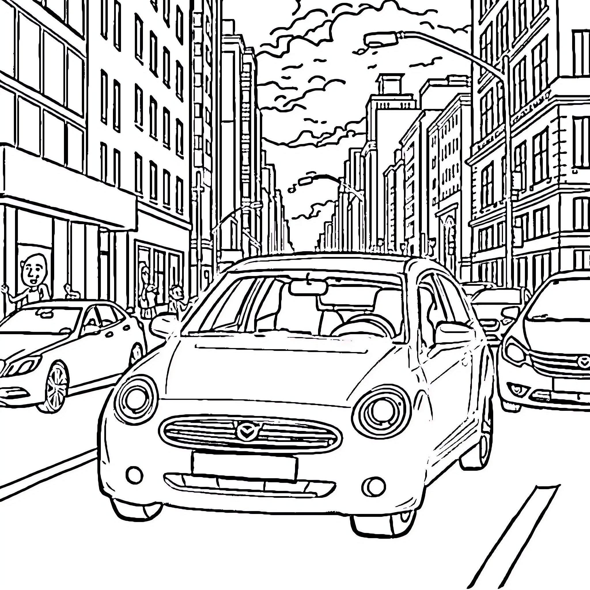 Car on Busy City Street with Buildings Coloring Page (free black-and-white line drawing printable PDF for all, from beginners to advanced learners, including children, teens, adults, and seniors)