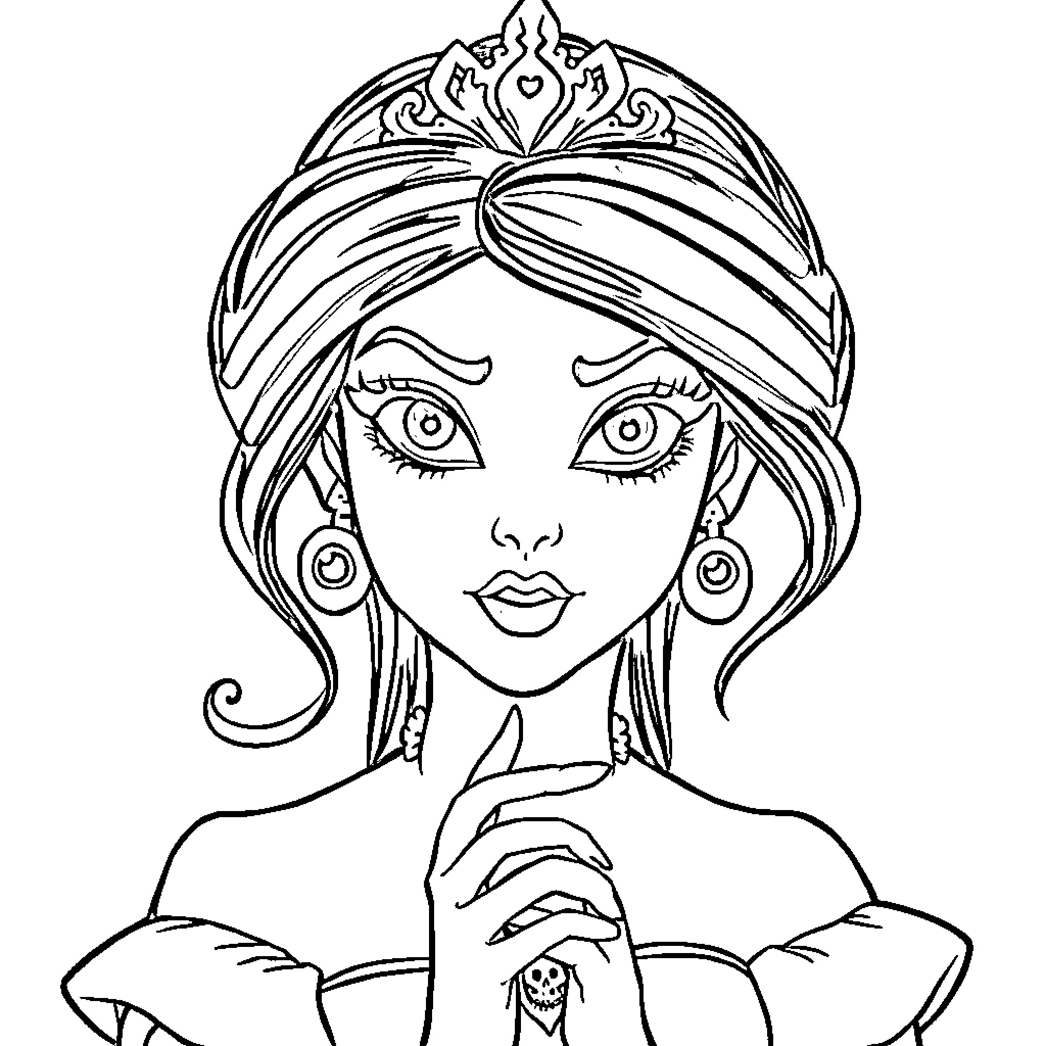 Disney Princess in Ornate Headpiece and Dress Coloring Page (free black-and-white line drawing printable PDF for all, from beginners to advanced learners, including children, teens, adults, and seniors)