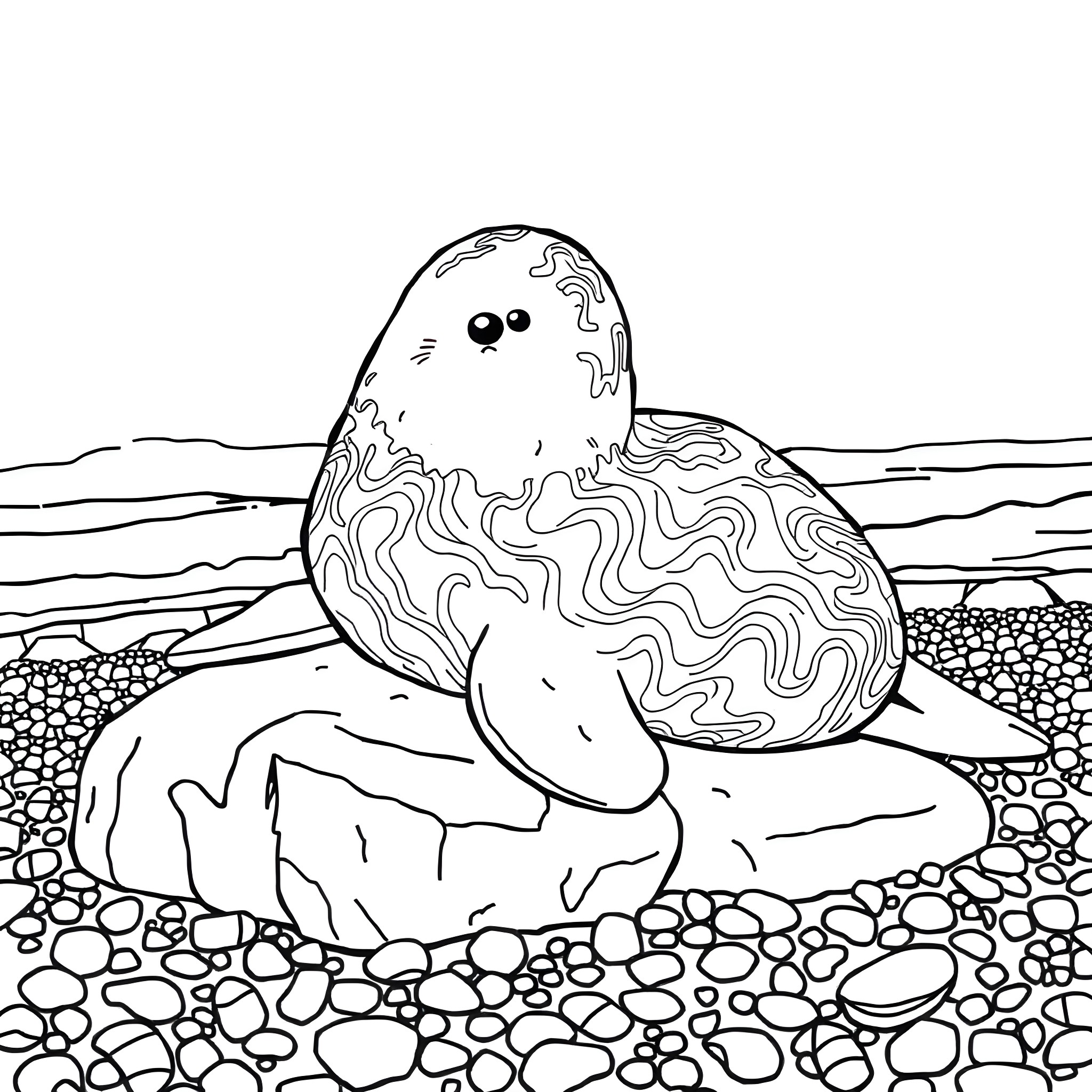 Seal resting peacefully on shore Coloring Page (free black-and-white line drawing printable PDF for all, from beginners to advanced learners, including children, teens, adults, and seniors)