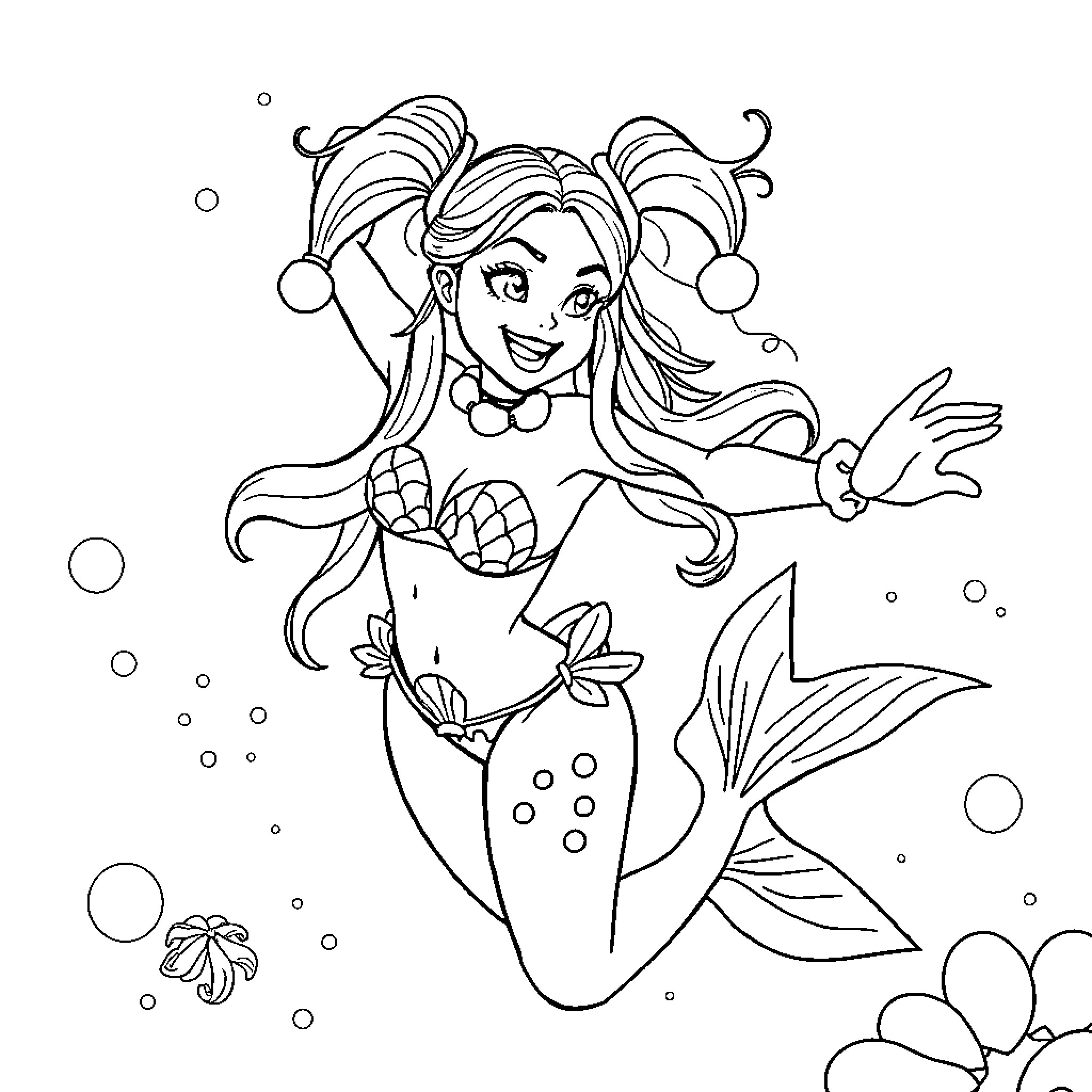 Harley Quinn as a Mermaid Playing in the Sea Coloring Page (free black-and-white line drawing printable PDF for all, from beginners to advanced learners, including children, teens, adults, and seniors)