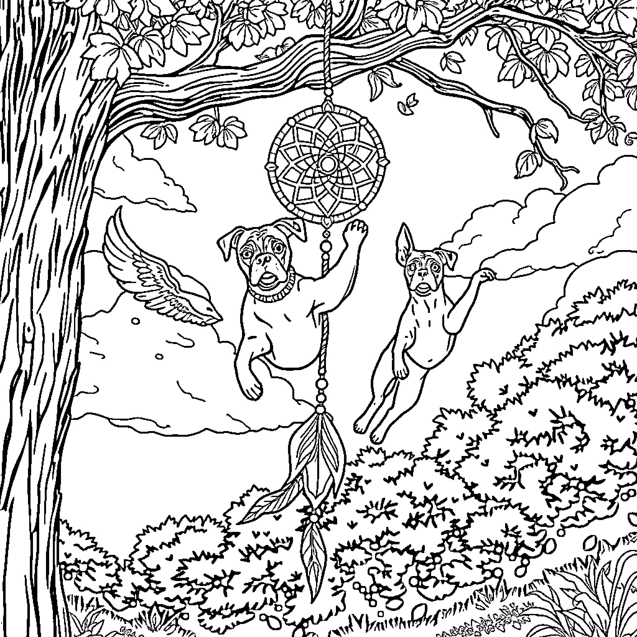 Dream Catcher with Playful Creatures in Nature Coloring Page (free black-and-white line drawing printable PDF for all, from beginners to advanced learners, including children, teens, adults, and seniors)