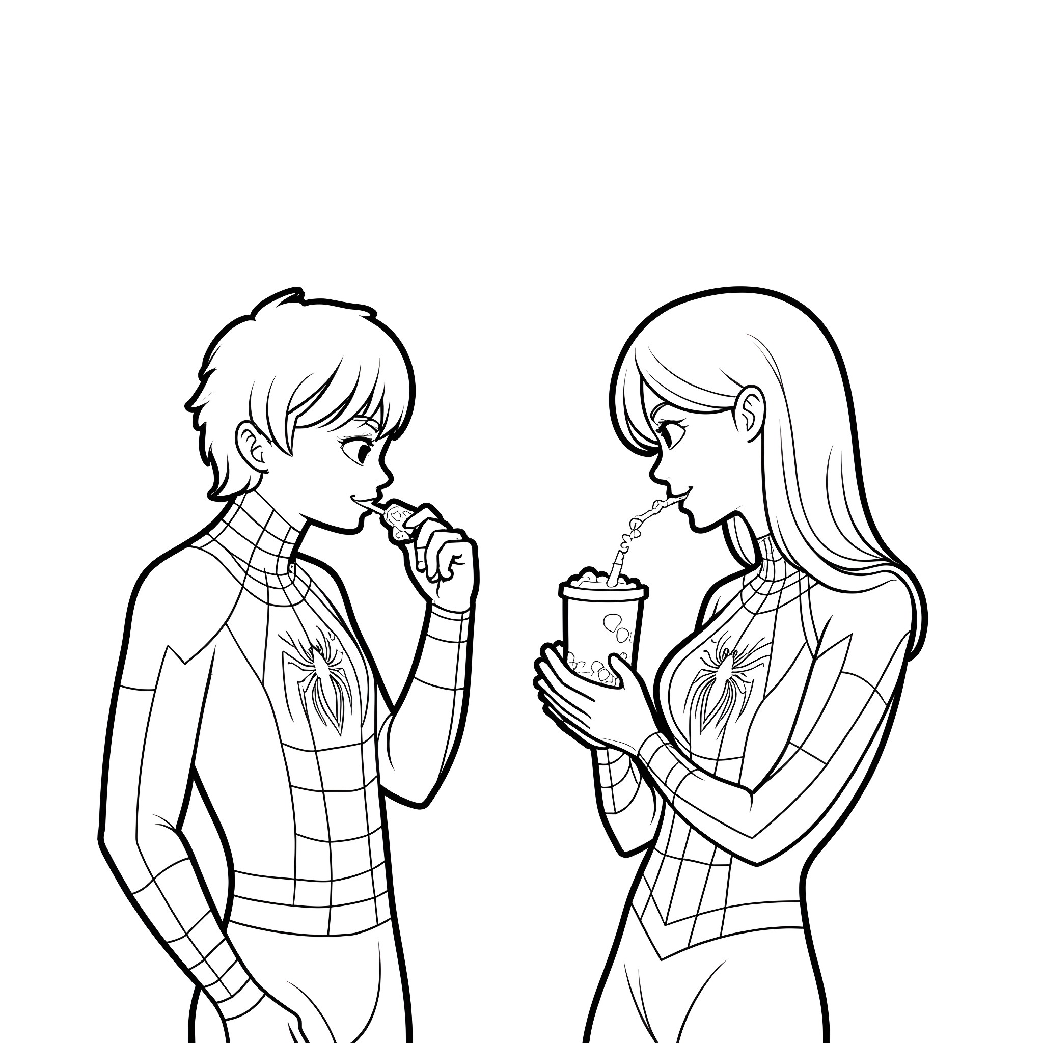 Spider-Man characters enjoying a beverage together Coloring Page (free black-and-white line drawing printable PDF for all, from beginners to advanced learners, including children, teens, adults, and seniors)