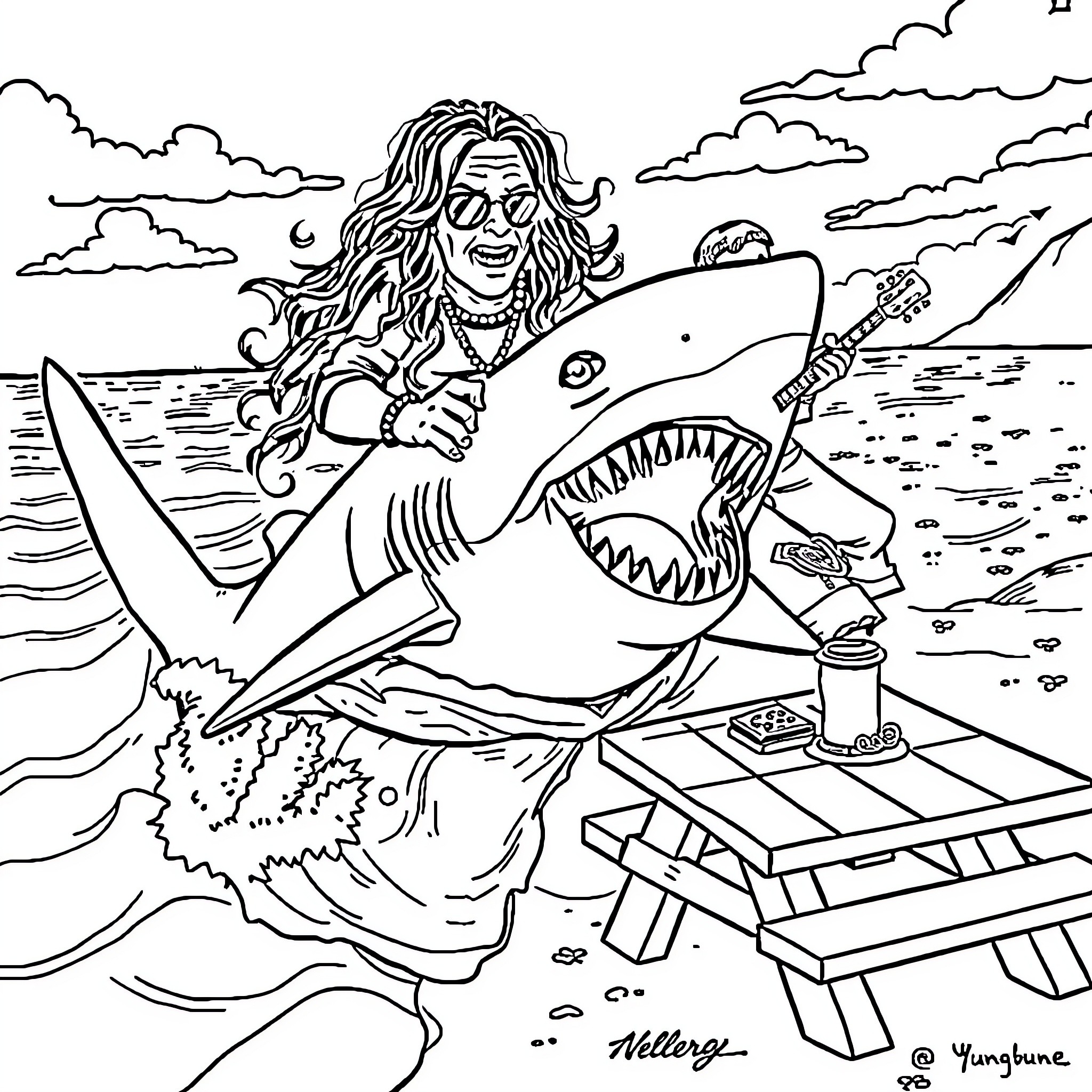 Ozzy Osbourne relaxing on the beach with a giant shark Coloring Page (free black-and-white line drawing printable PDF for all, from beginners to advanced learners, including children, teens, adults, and seniors)