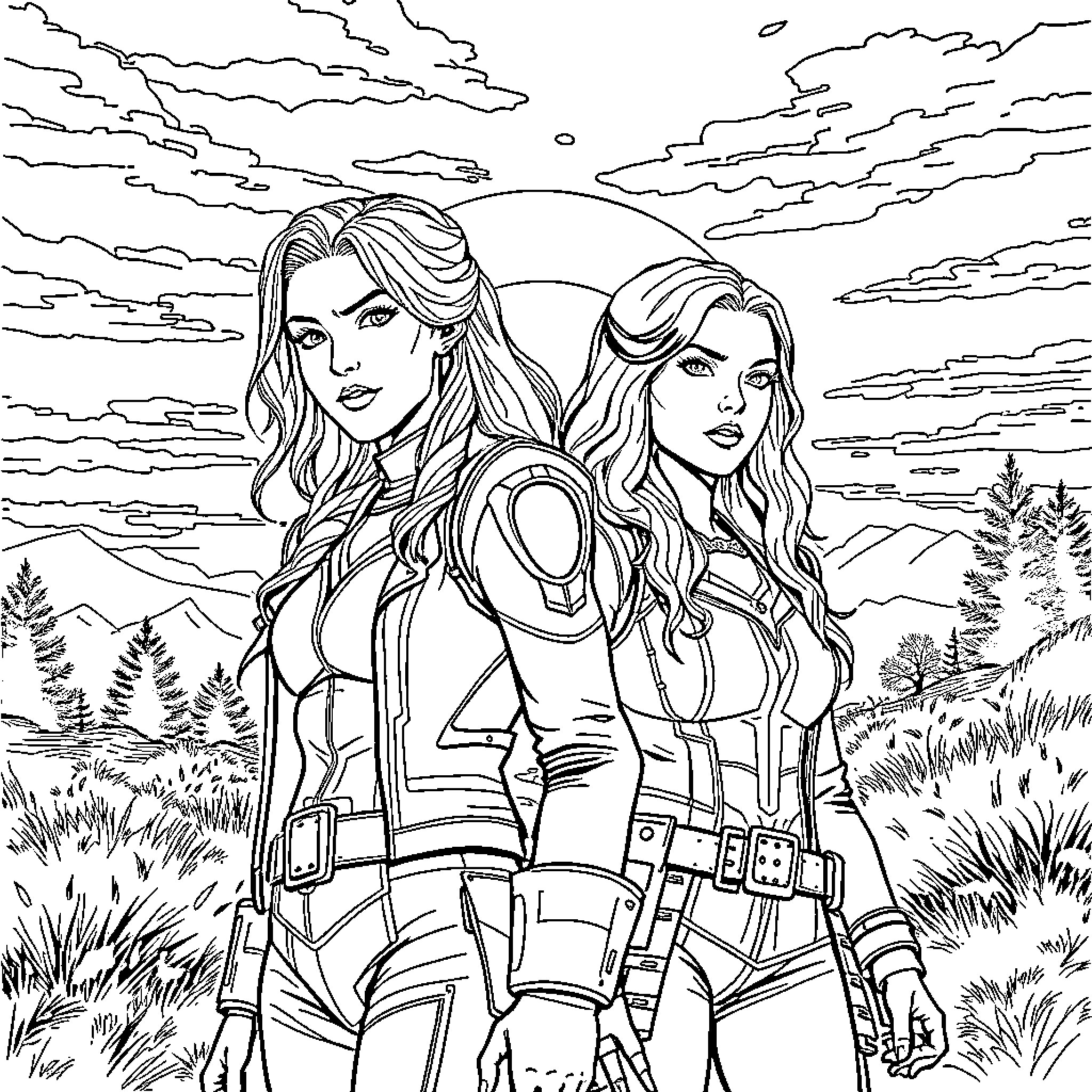 Lexa and Clarke in heroic poses against scenic landscape Coloring Page (free black-and-white line drawing printable PDF for all, from beginners to advanced learners, including children, teens, adults, and seniors)