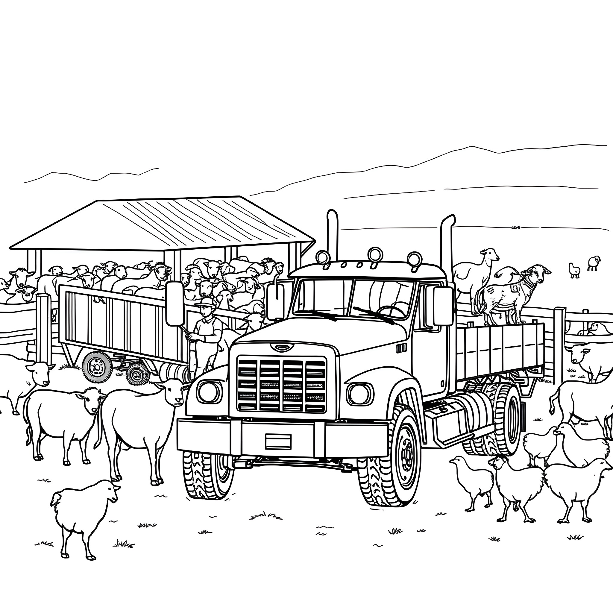 Livestock Loaded on Truck for Transport Coloring Page (free black-and-white line drawing printable PDF for all, from beginners to advanced learners, including children, teens, adults, and seniors)