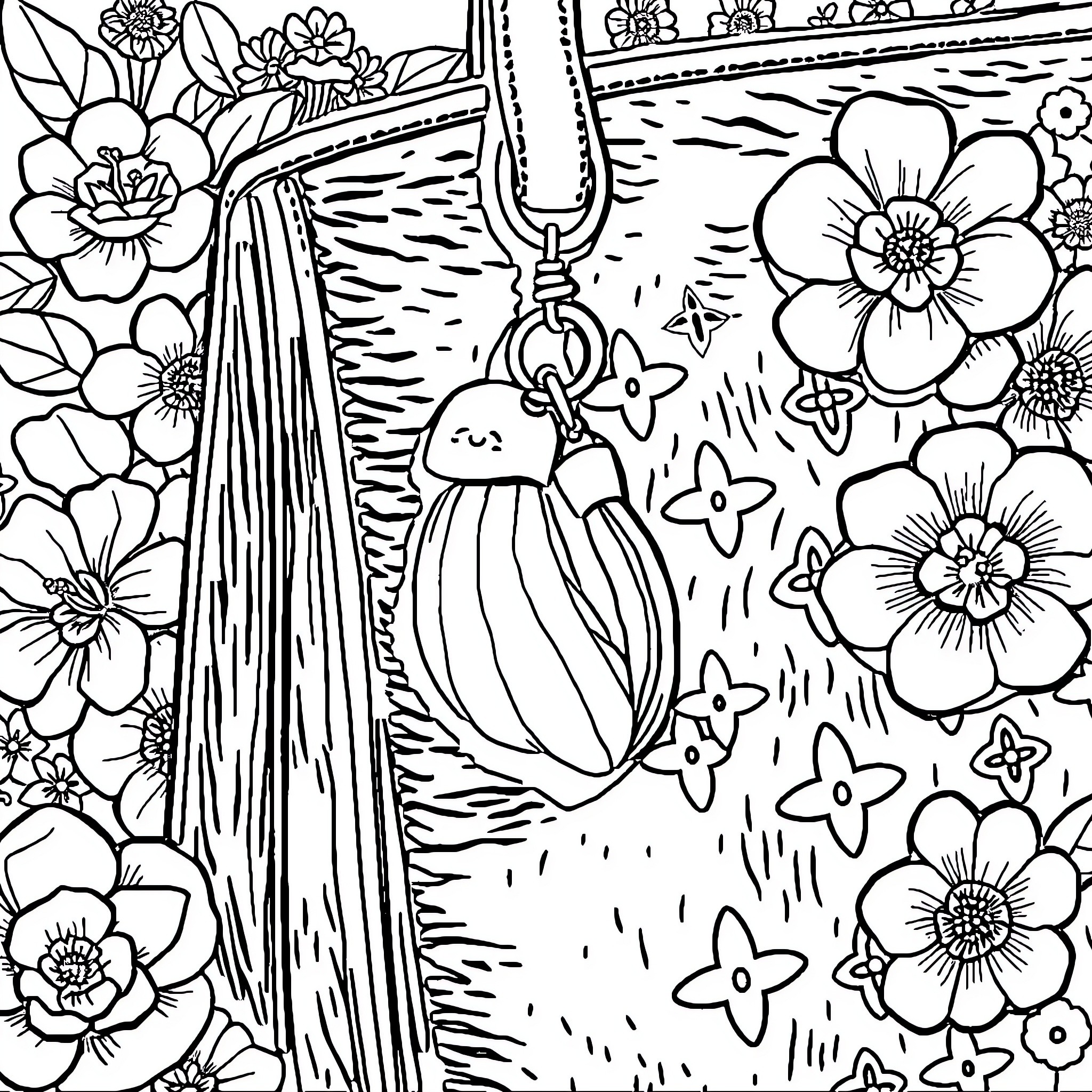 Keychain with Floral Design Coloring Page (free black-and-white line drawing printable PDF for all, from beginners to advanced learners, including children, teens, adults, and seniors)