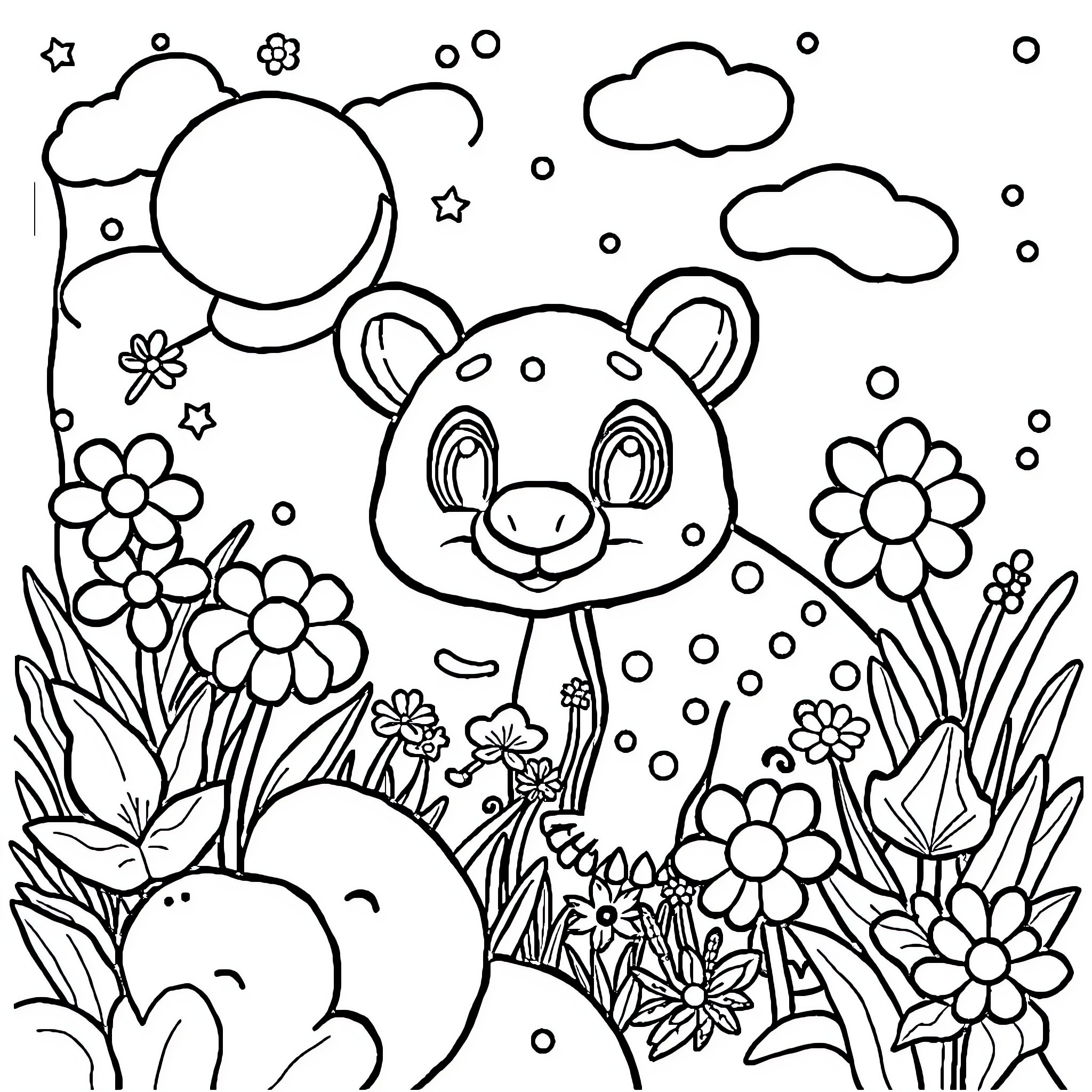 Kid's Playful Garden Adventure Coloring Page (free black-and-white line drawing printable PDF for all, from beginners to advanced learners, including children, teens, adults, and seniors)