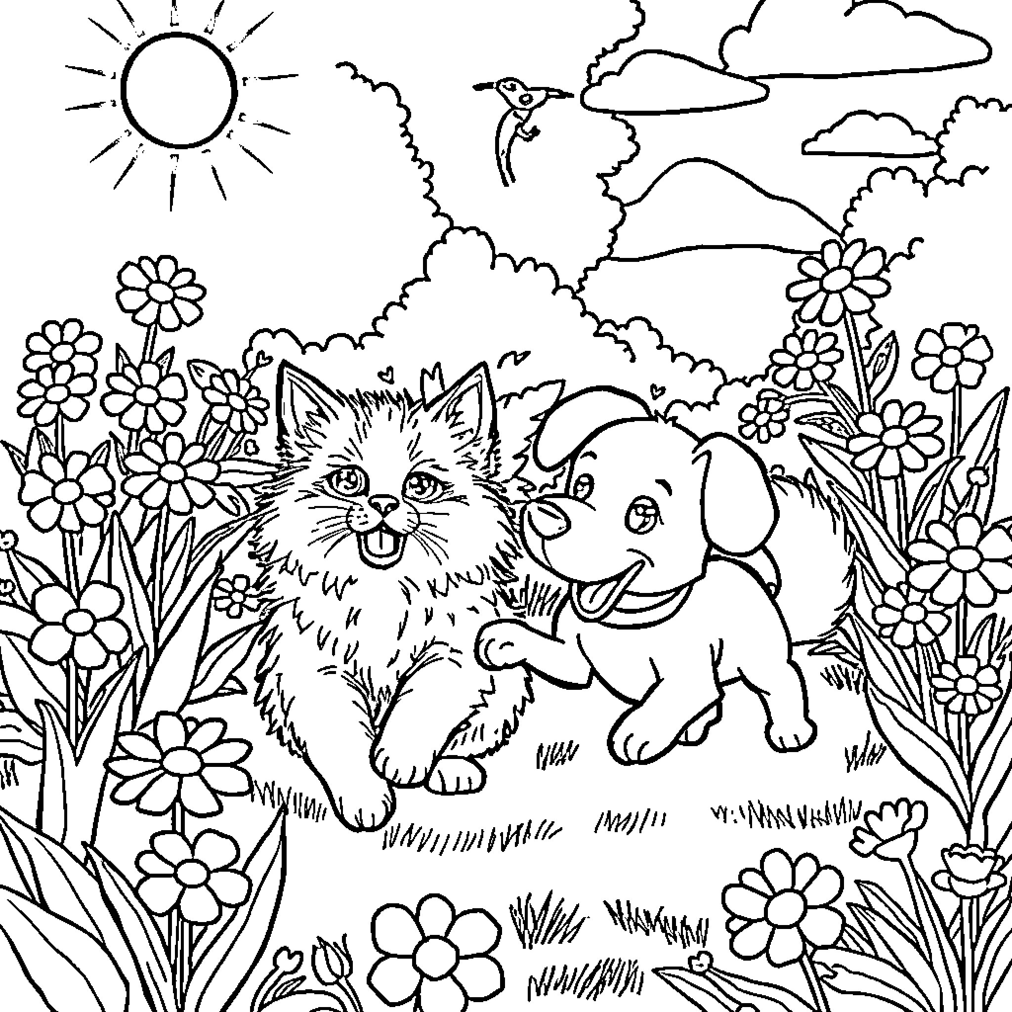 Cat and puppy frolicking in the flower garden Coloring Page (free black-and-white line drawing printable PDF for all, from beginners to advanced learners, including children, teens, adults, and seniors)