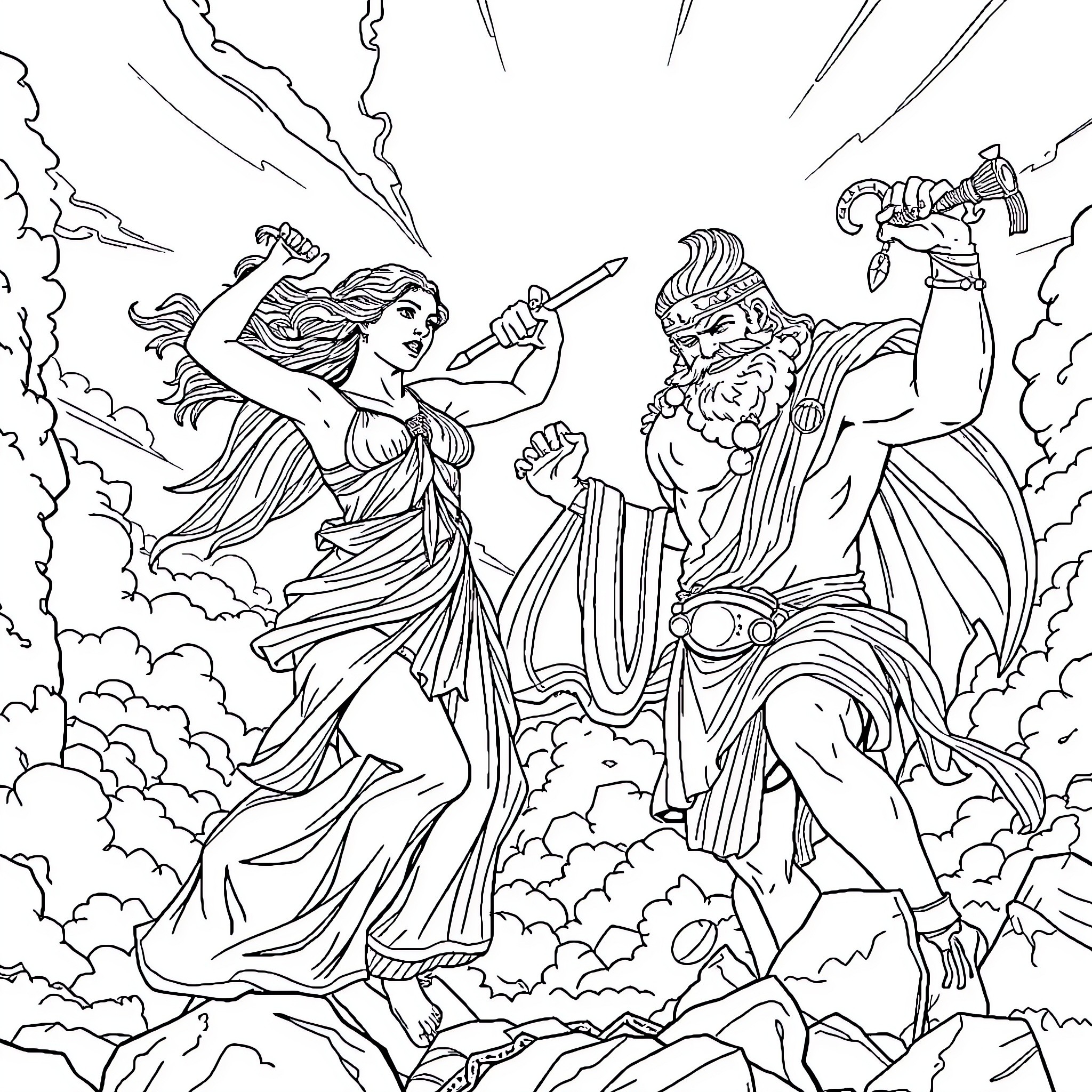 Athena battles against Zeus in the heavens Coloring Page (free black-and-white line drawing printable PDF for all, from beginners to advanced learners, including children, teens, adults, and seniors)