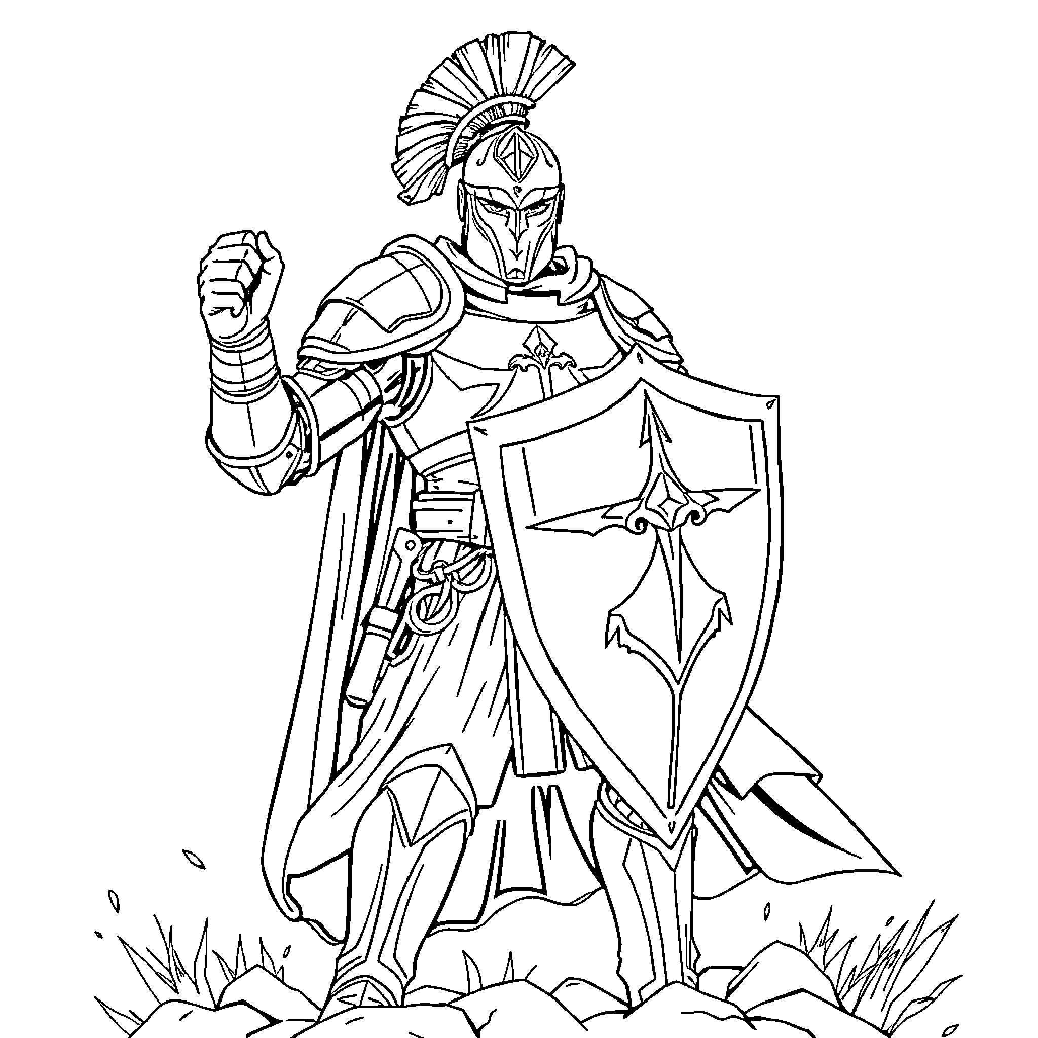 Warrior armed with shield and sword on the battlefield Coloring Page (free black-and-white line drawing printable PDF for all, from beginners to advanced learners, including children, teens, adults, and seniors)