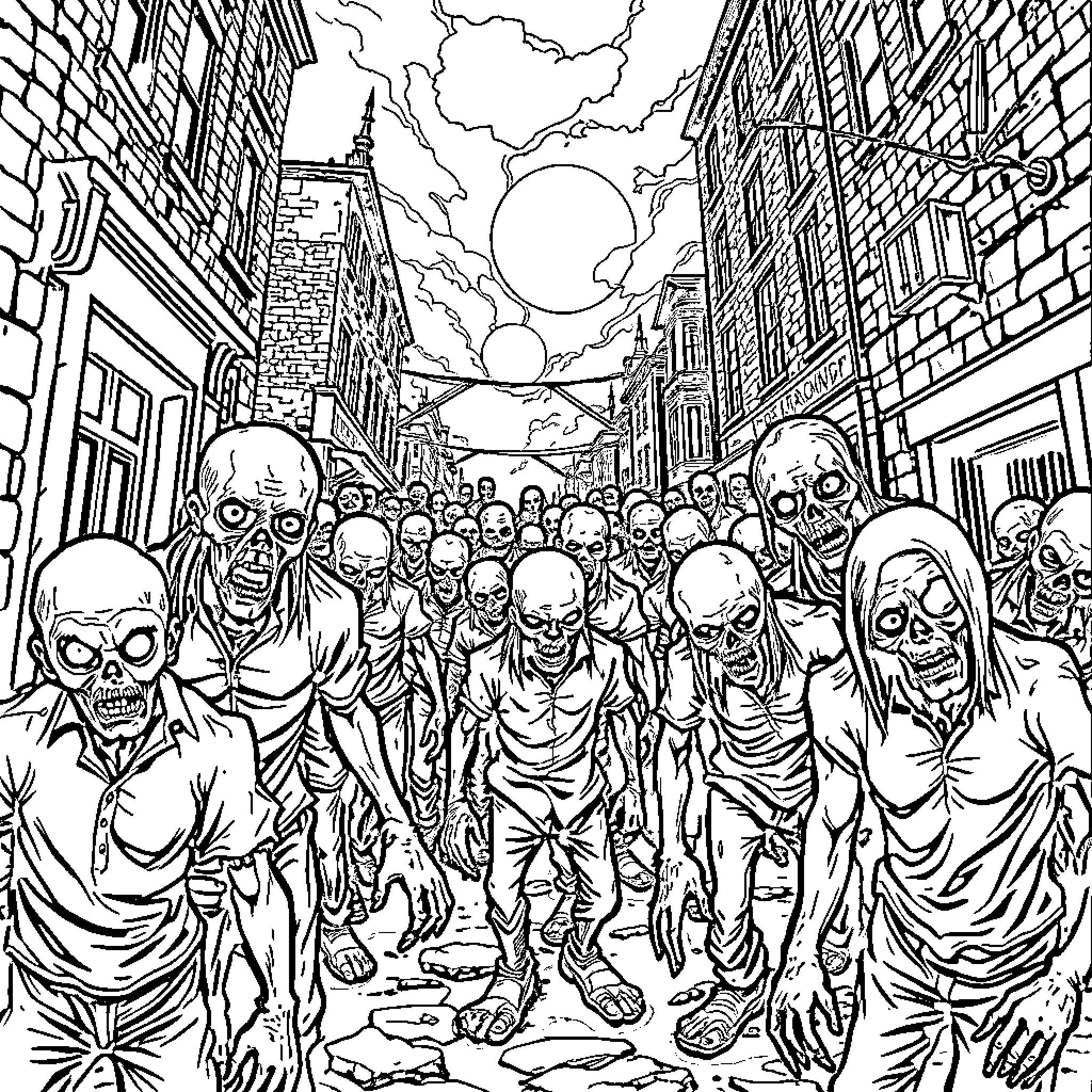 Zombie horde invading the city streets Coloring Page (free black-and-white line drawing printable PDF for all, from beginners to advanced learners, including children, teens, adults, and seniors)