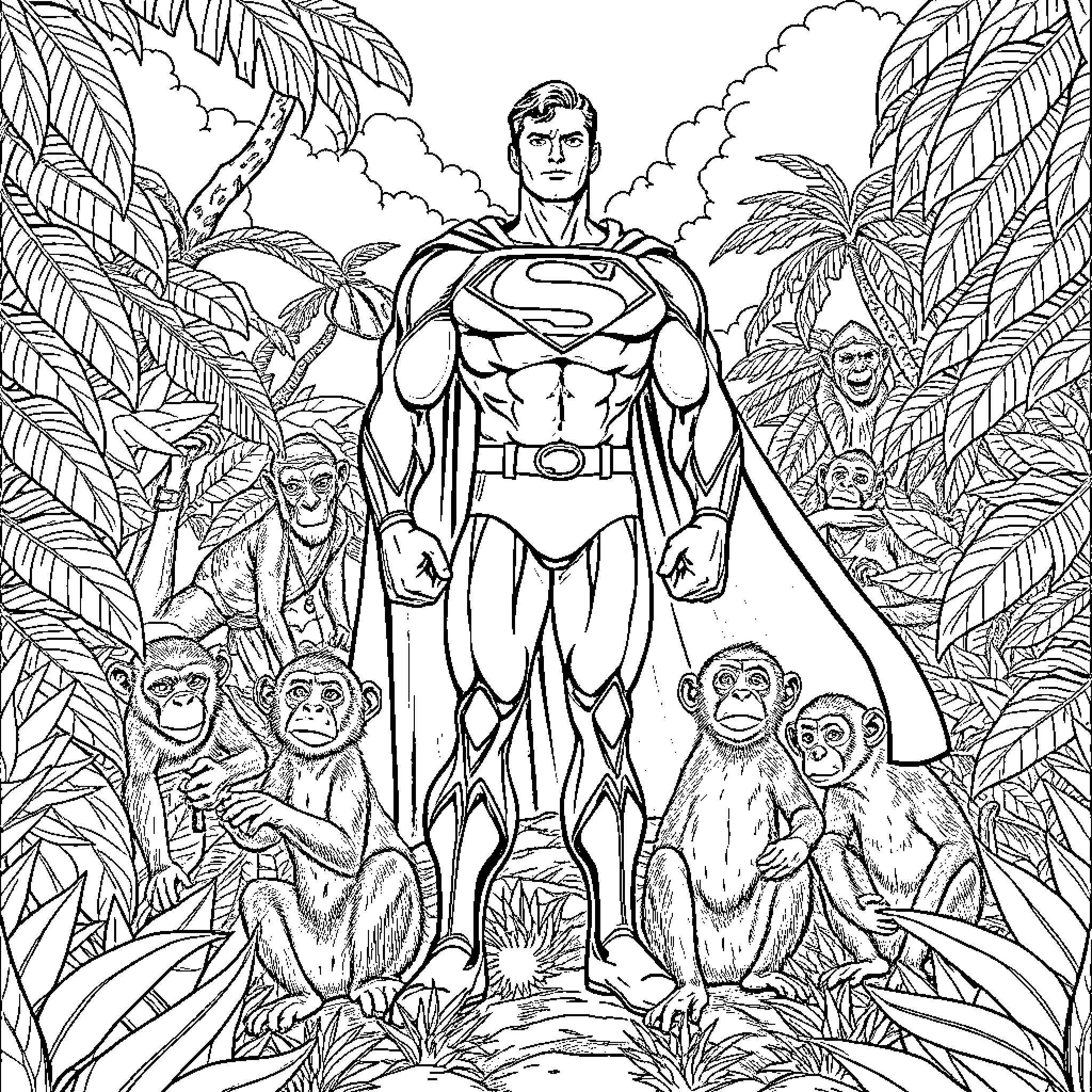 Superman saves jungle animals from danger Coloring Page (free black-and-white line drawing printable PDF for all, from beginners to advanced learners, including children, teens, adults, and seniors)