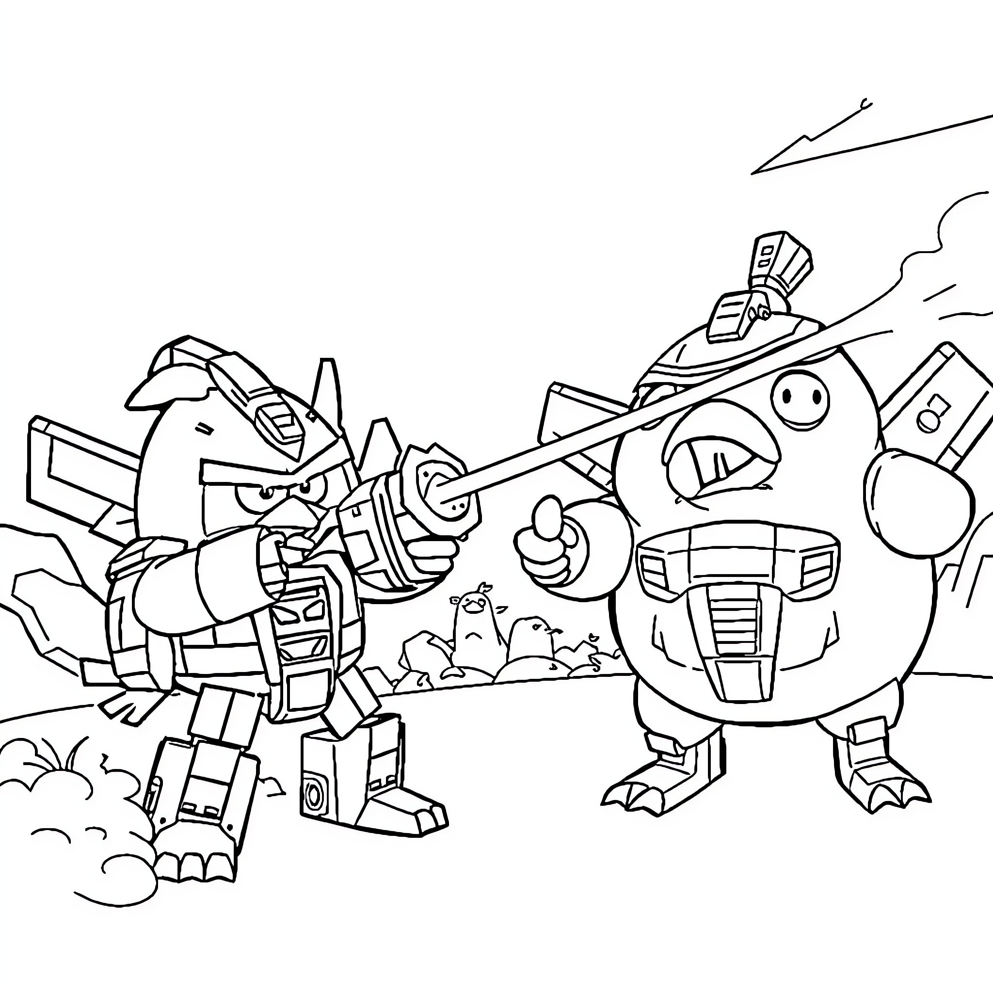 Birds battling with robotic technology Coloring Page (free black-and-white line drawing printable PDF for all, from beginners to advanced learners, including children, teens, adults, and seniors)