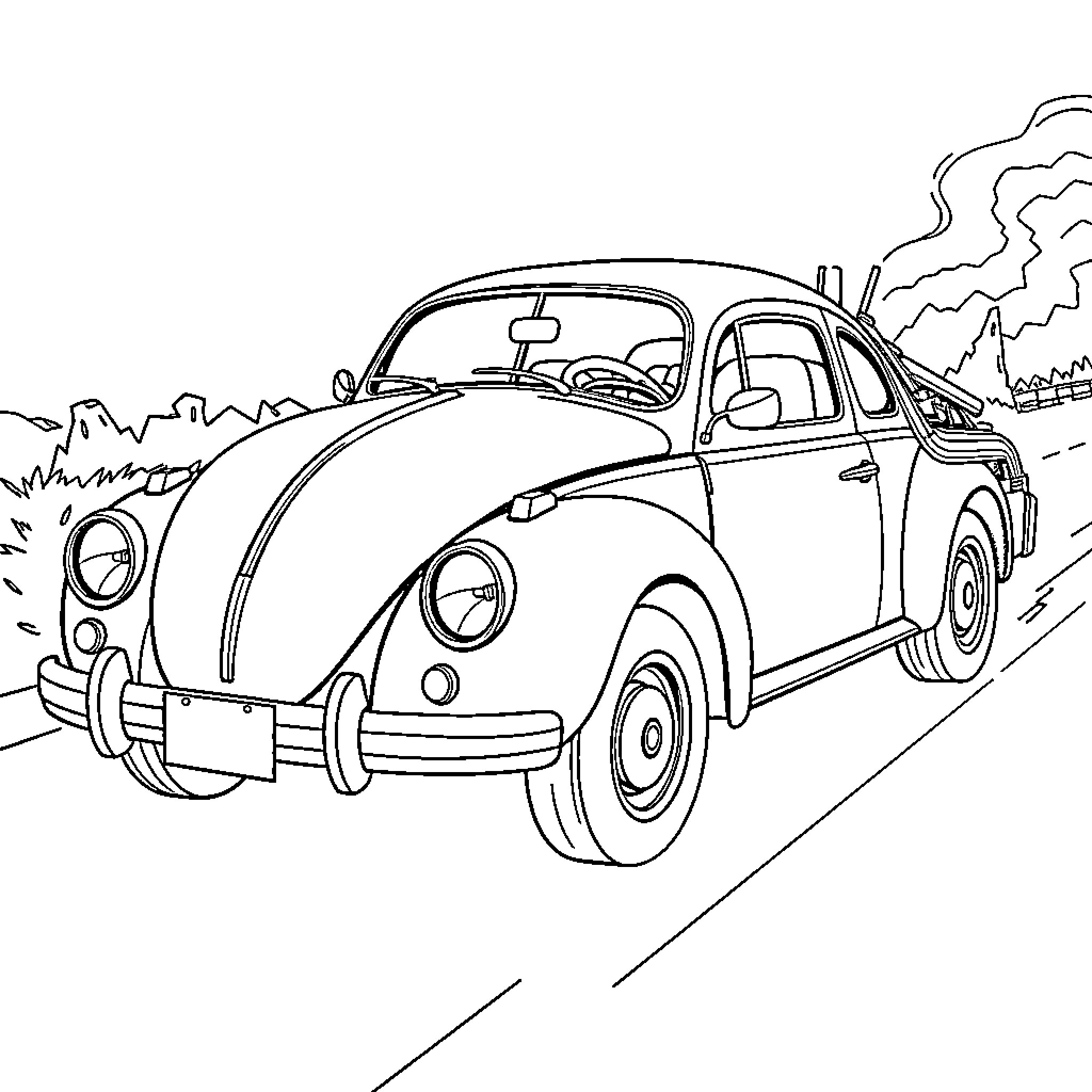 Herbie's Iconic Road Trip Adventure Coloring Page (free black-and-white line drawing printable PDF for all, from beginners to advanced learners, including children, teens, adults, and seniors)