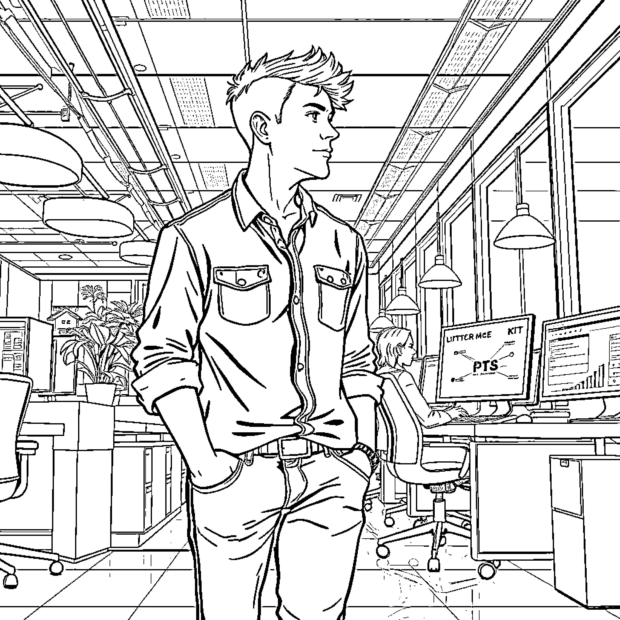 Guy in casual attire standing in an office setting Coloring Page (free black-and-white line drawing printable PDF for all, from beginners to advanced learners, including children, teens, adults, and seniors)