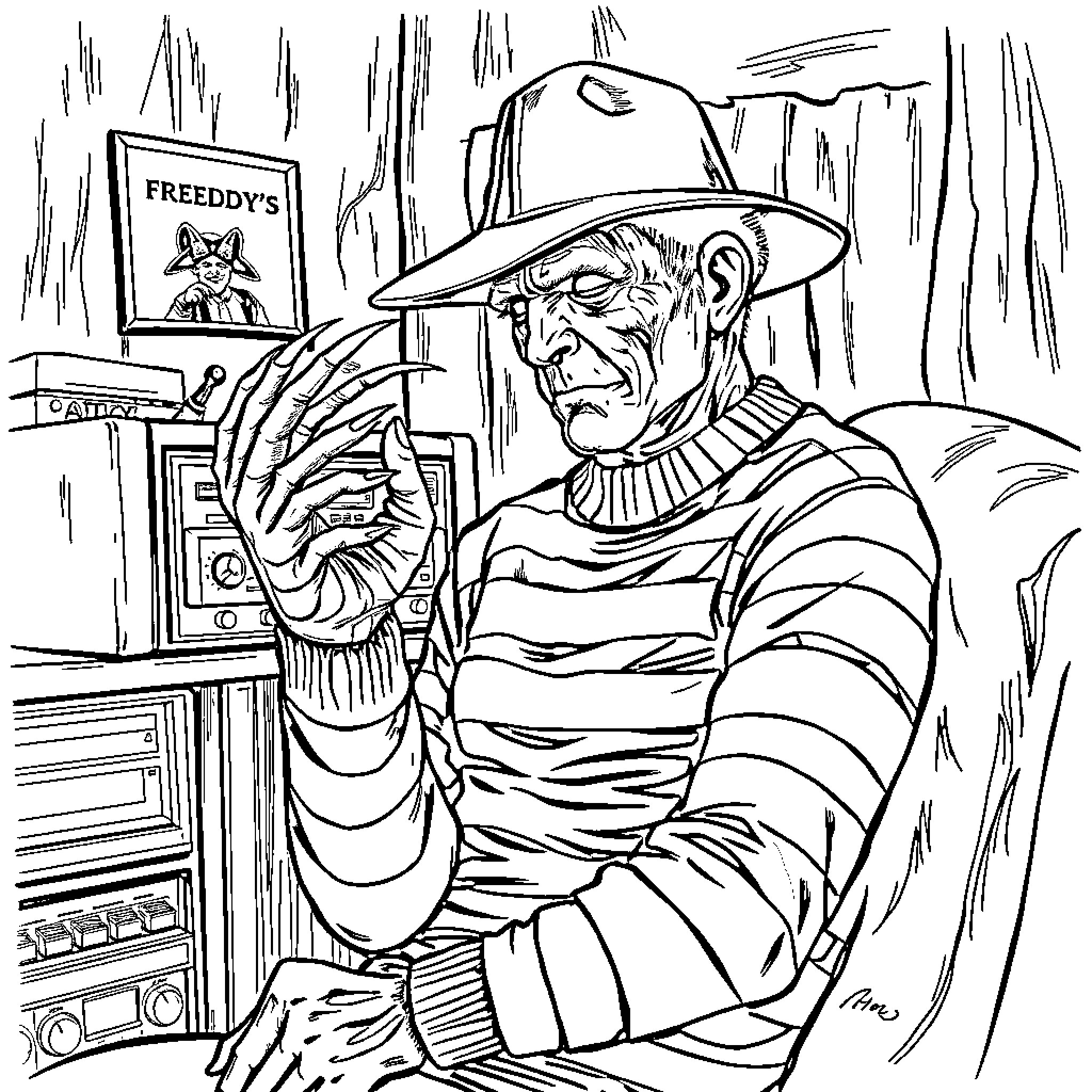 Freddy Krueger Haunting the Nightmares Coloring Page (free black-and-white line drawing printable PDF for all, from beginners to advanced learners, including children, teens, adults, and seniors)