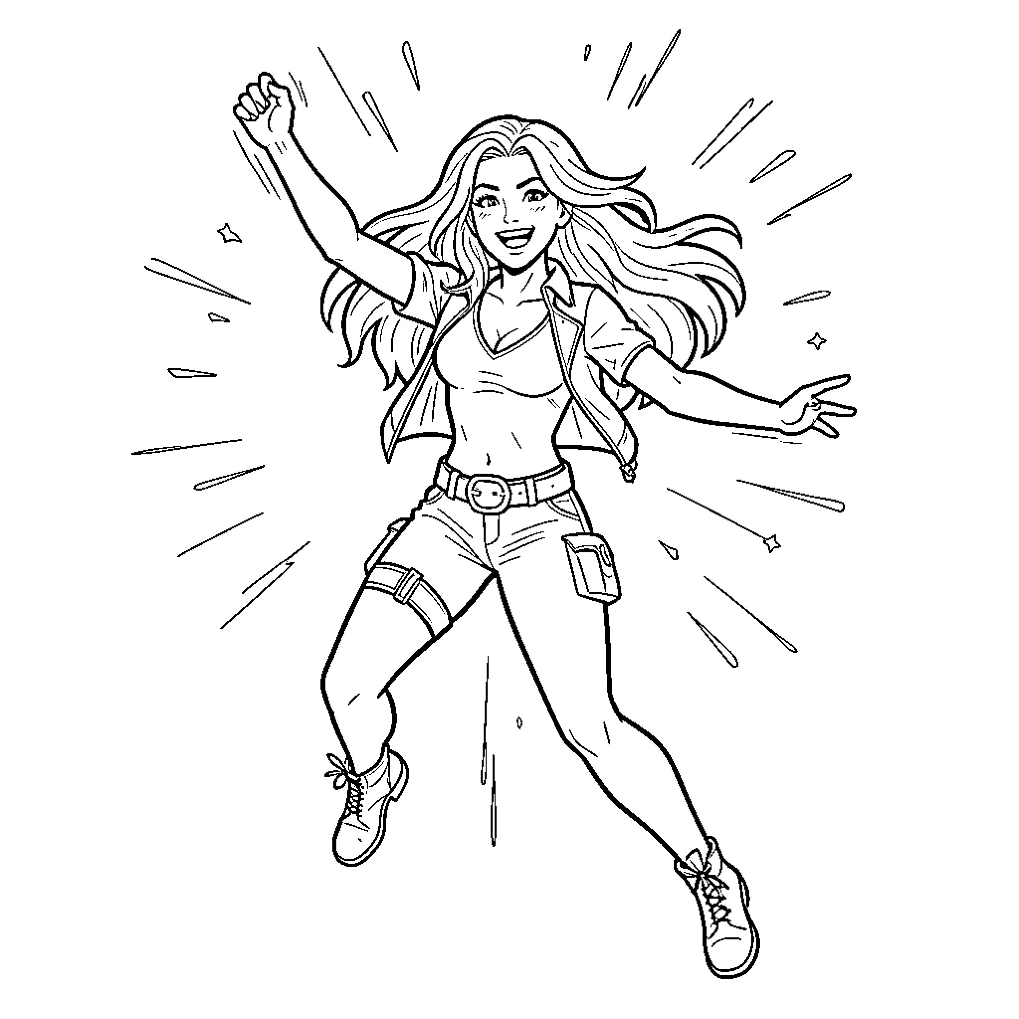 Buffy jumping joyfully with arms raised in excitement Coloring Page (free black-and-white line drawing printable PDF for all, from beginners to advanced learners, including children, teens, adults, and seniors)
