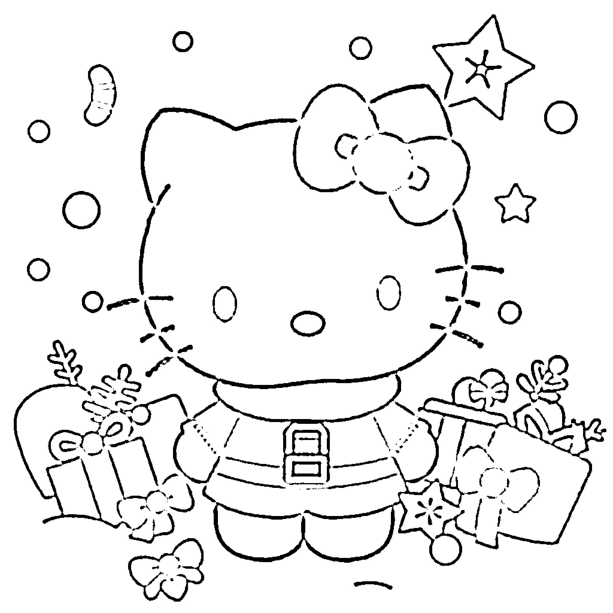 Hello Kitty celebrating with presents and decorations Coloring Page (free black-and-white line drawing printable PDF for all, from beginners to advanced learners, including children, teens, adults, and seniors)