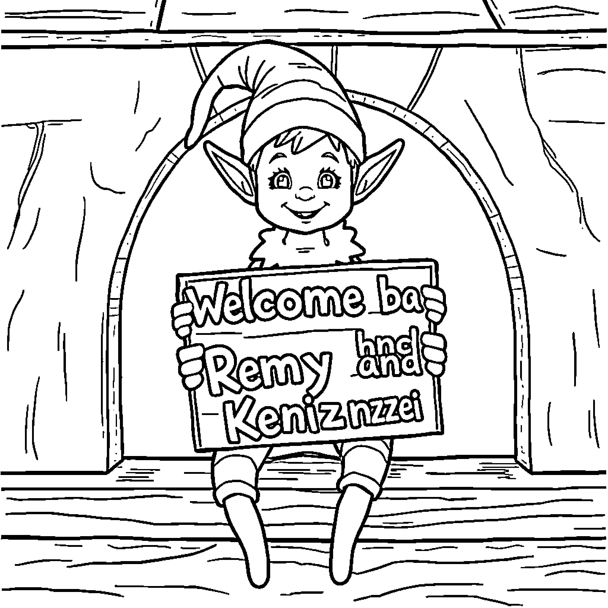 Elf welcomes visitors with a cheerful sign Coloring Page (free black-and-white line drawing printable PDF for all, from beginners to advanced learners, including children, teens, adults, and seniors)