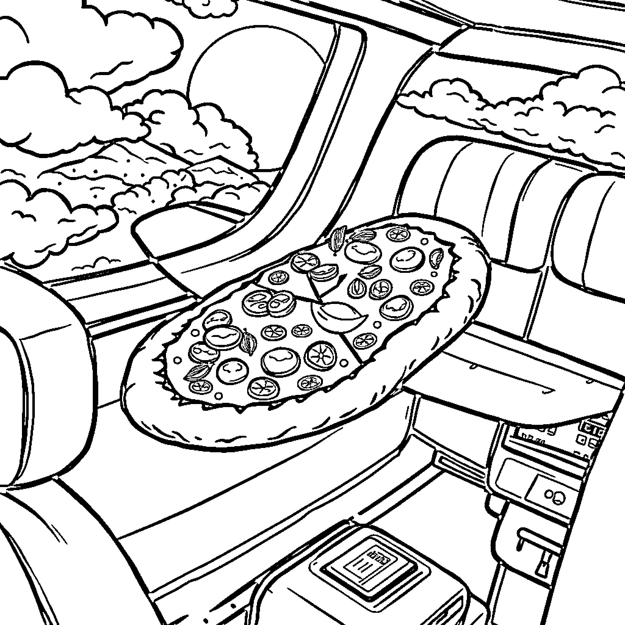 Pizza Delivery by Air Coloring Page (free black-and-white line drawing printable PDF for all, from beginners to advanced learners, including children, teens, adults, and seniors)