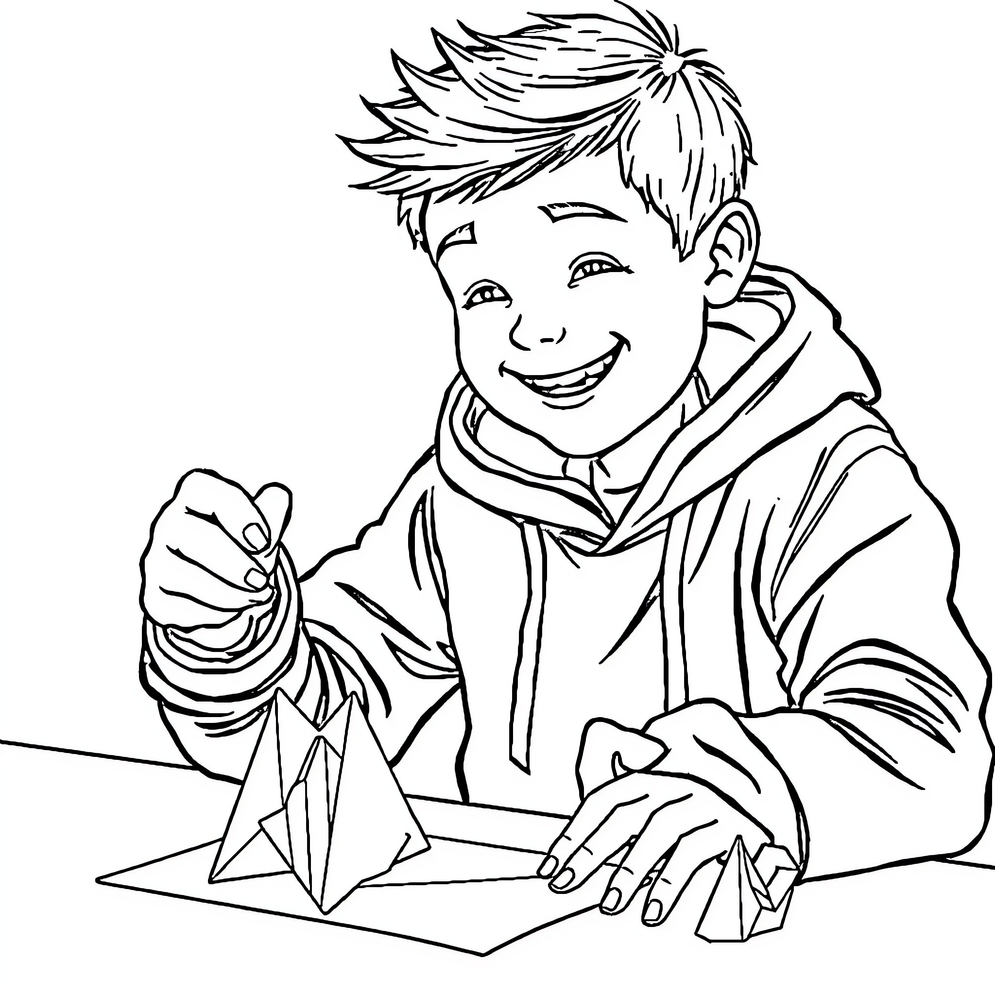 Boy happily writing letter Coloring Page (free black-and-white line drawing printable PDF for all, from beginners to advanced learners, including children, teens, adults, and seniors)