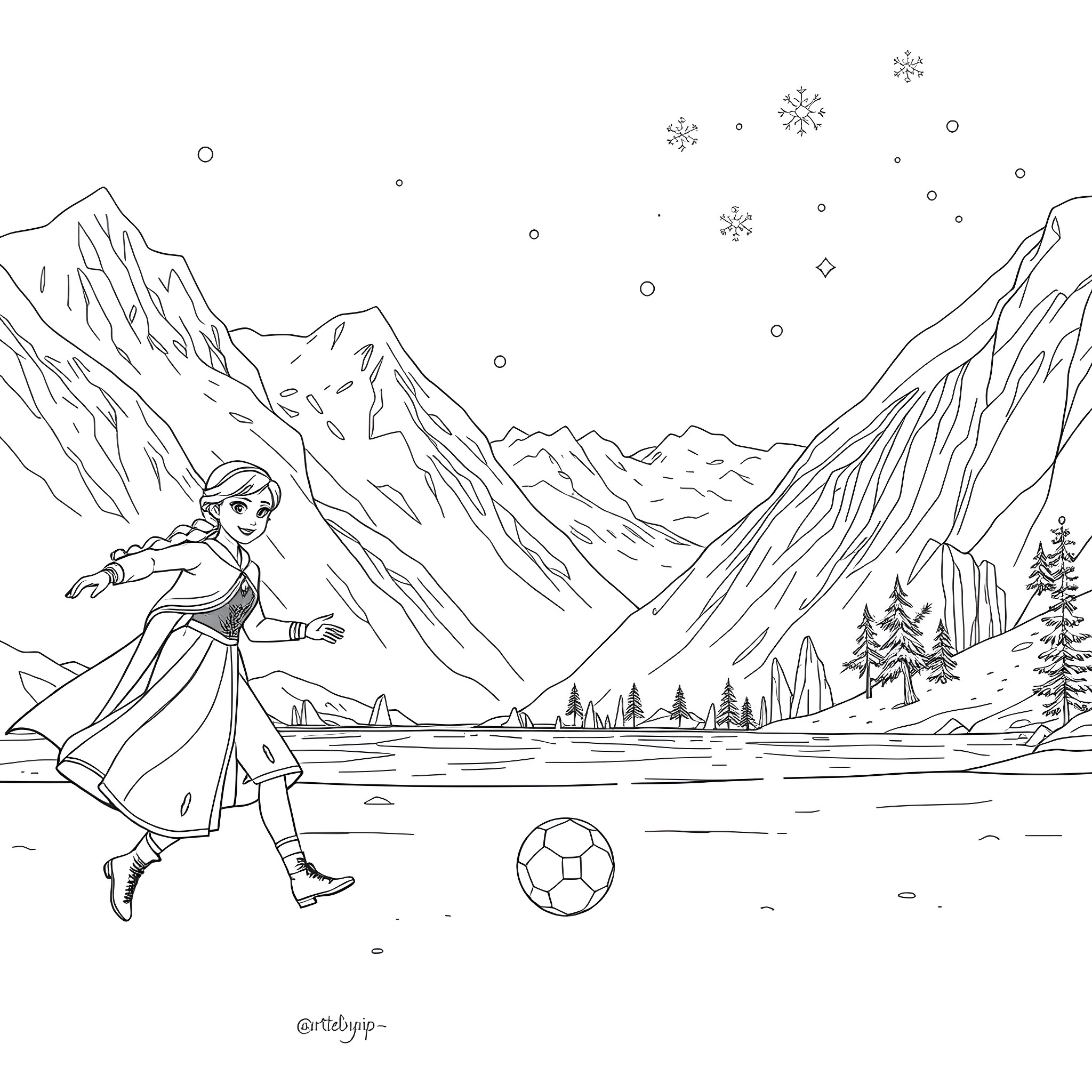 Anna and Elsa playing soccer in the snowy mountains Coloring Page (free black-and-white line drawing printable PDF for all, from beginners to advanced learners, including children, teens, adults, and seniors)