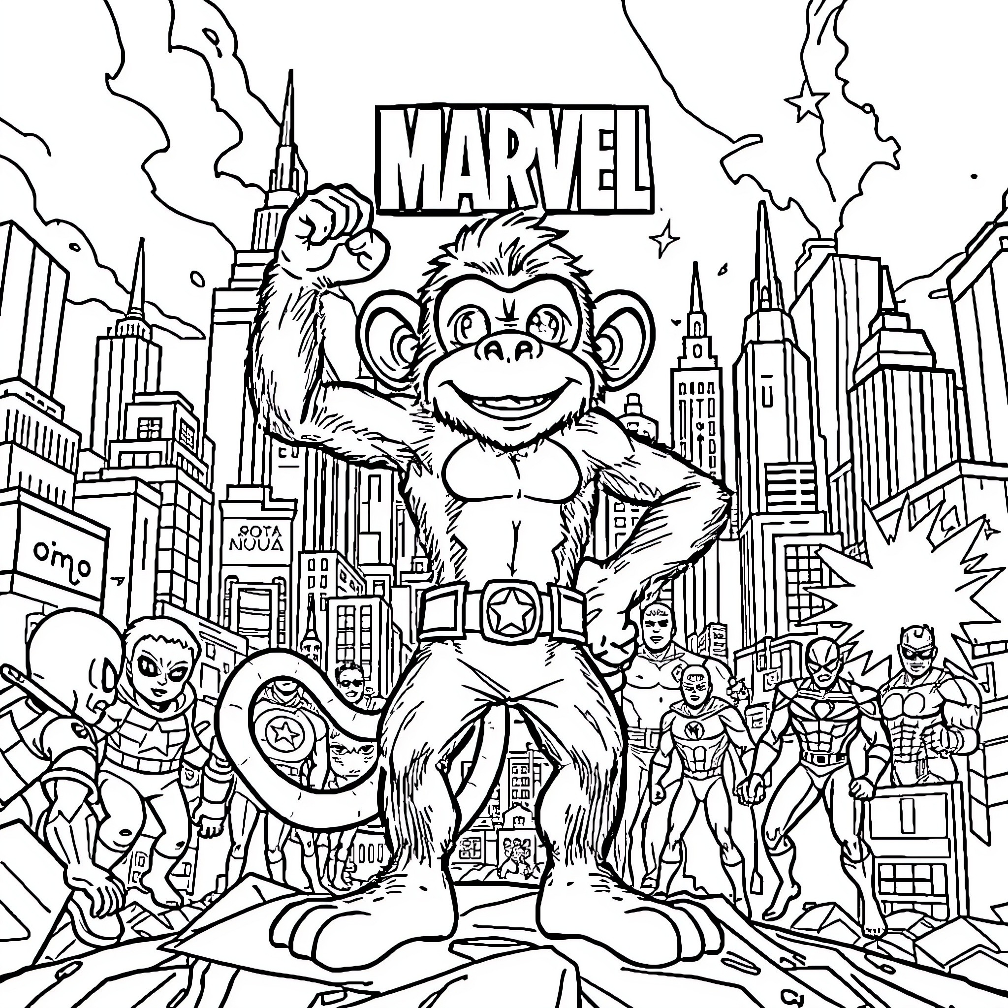 Ruffy D. Monkey's Marvel Adventure in the City Coloring Page (free black-and-white line drawing printable PDF for all, from beginners to advanced learners, including children, teens, adults, and seniors)