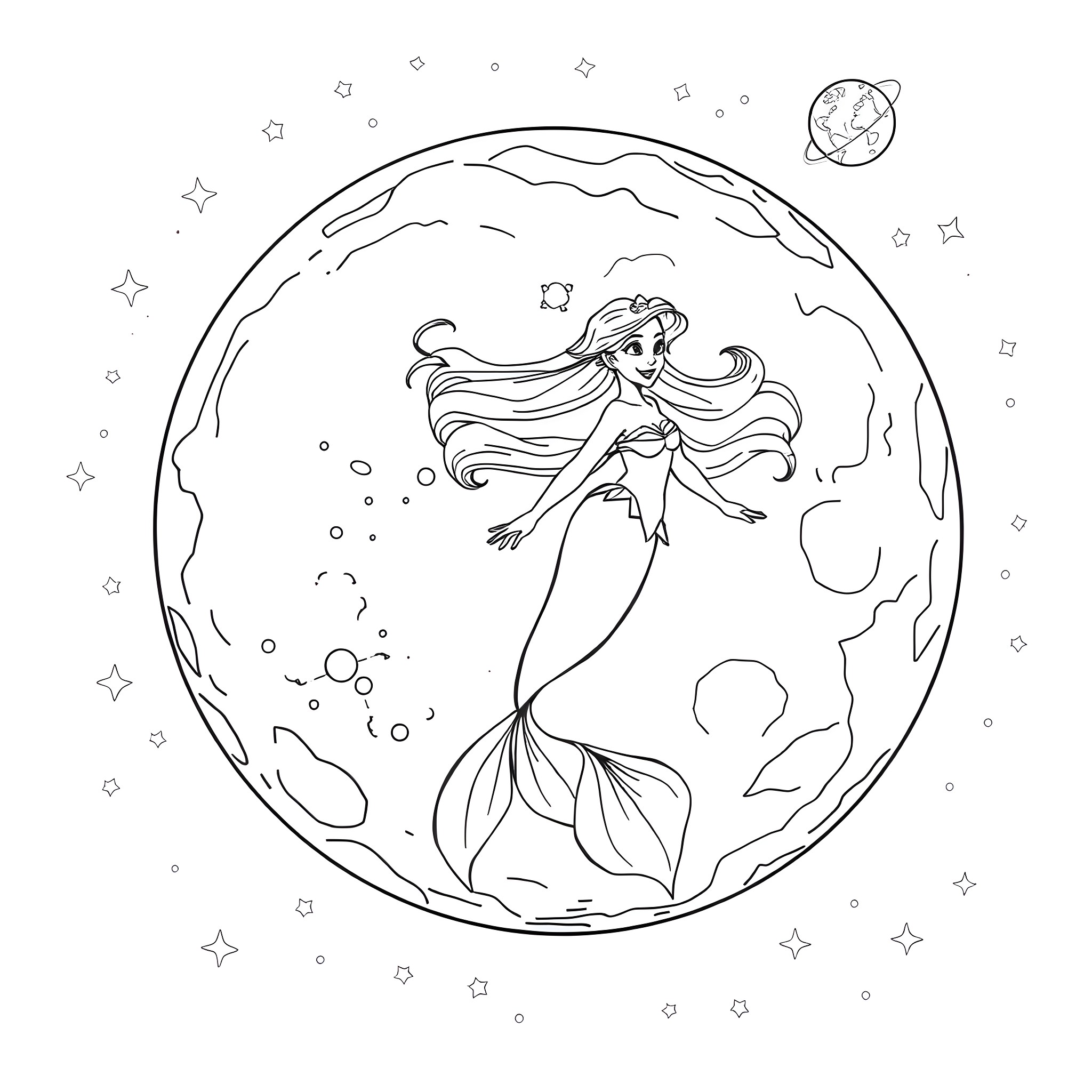 Mermaid swimming in the cosmic ocean Coloring Page (free black-and-white line drawing printable PDF for all, from beginners to advanced learners, including children, teens, adults, and seniors)