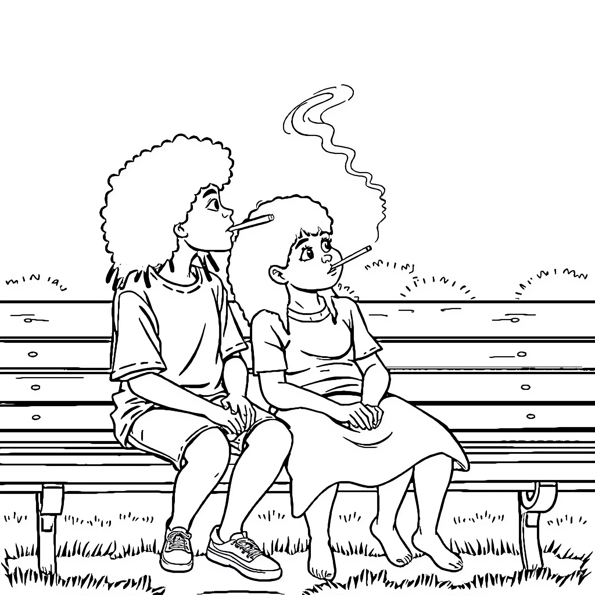 Labubu friends relaxing on a park bench Coloring Page (free black-and-white line drawing printable PDF for all, from beginners to advanced learners, including children, teens, adults, and seniors)
