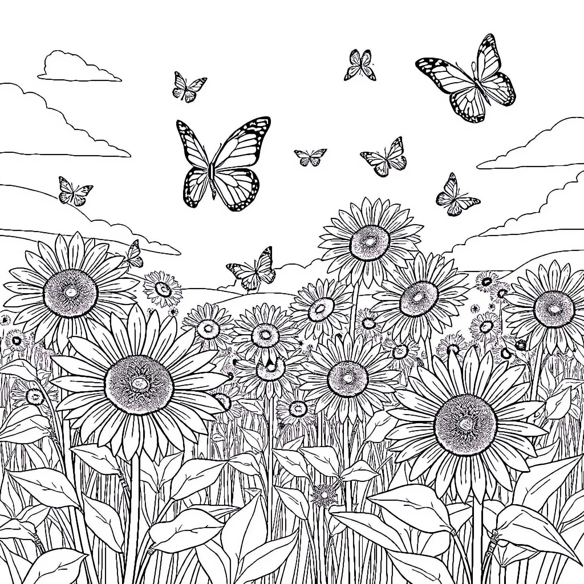 Butterfly Garden with Sunflowers and Butterflies Coloring Page (free black-and-white line drawing printable PDF for all, from beginners to advanced learners, including children, teens, adults, and seniors)