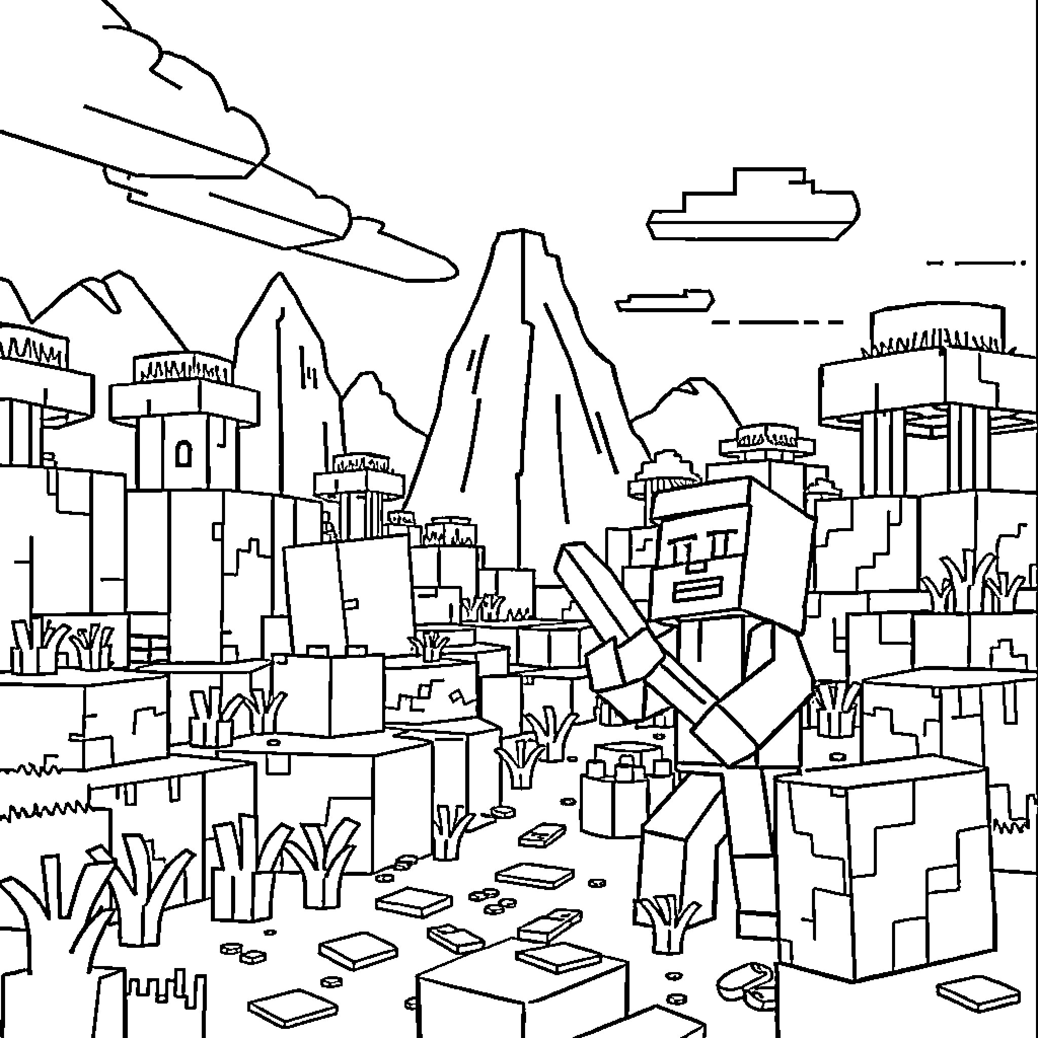 Minecraft cityscape with mountains and ships Coloring Page (free black-and-white line drawing printable PDF for all, from beginners to advanced learners, including children, teens, adults, and seniors)